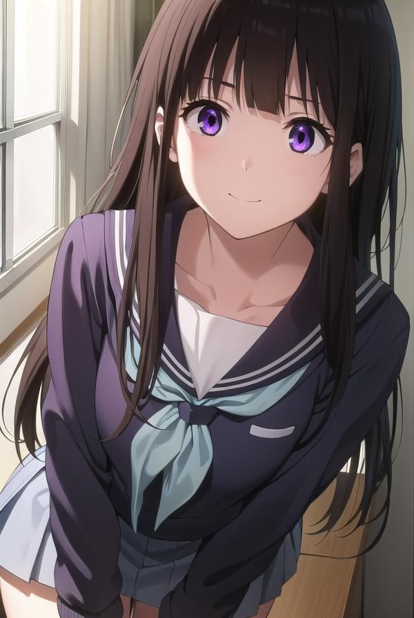 eruchitanda, <lora:eru chitanda s1-lora-nochekaiser:1>,eru chitanda, long hair, black hair, bangs, blunt bangs, (purple eyes:1.1), sidelocks, smile,BREAK skirt, school uniform, serafuku, kamiyama high school uniform \(hyouka\), black skirt, long sleeves, black sailor collar,BREAK indoors, classroom,BREAK looking at viewer, (cowboy shot:1.5),BREAK <lyco:GoodHands-beta2:1>, (masterpiece:1.2), best quality, high resolution, unity 8k wallpaper, (illustration:0.8), (beautiful detailed eyes:1.6), extremely detailed face, perfect lighting, extremely detailed CG, (perfect hands, perfect anatomy),