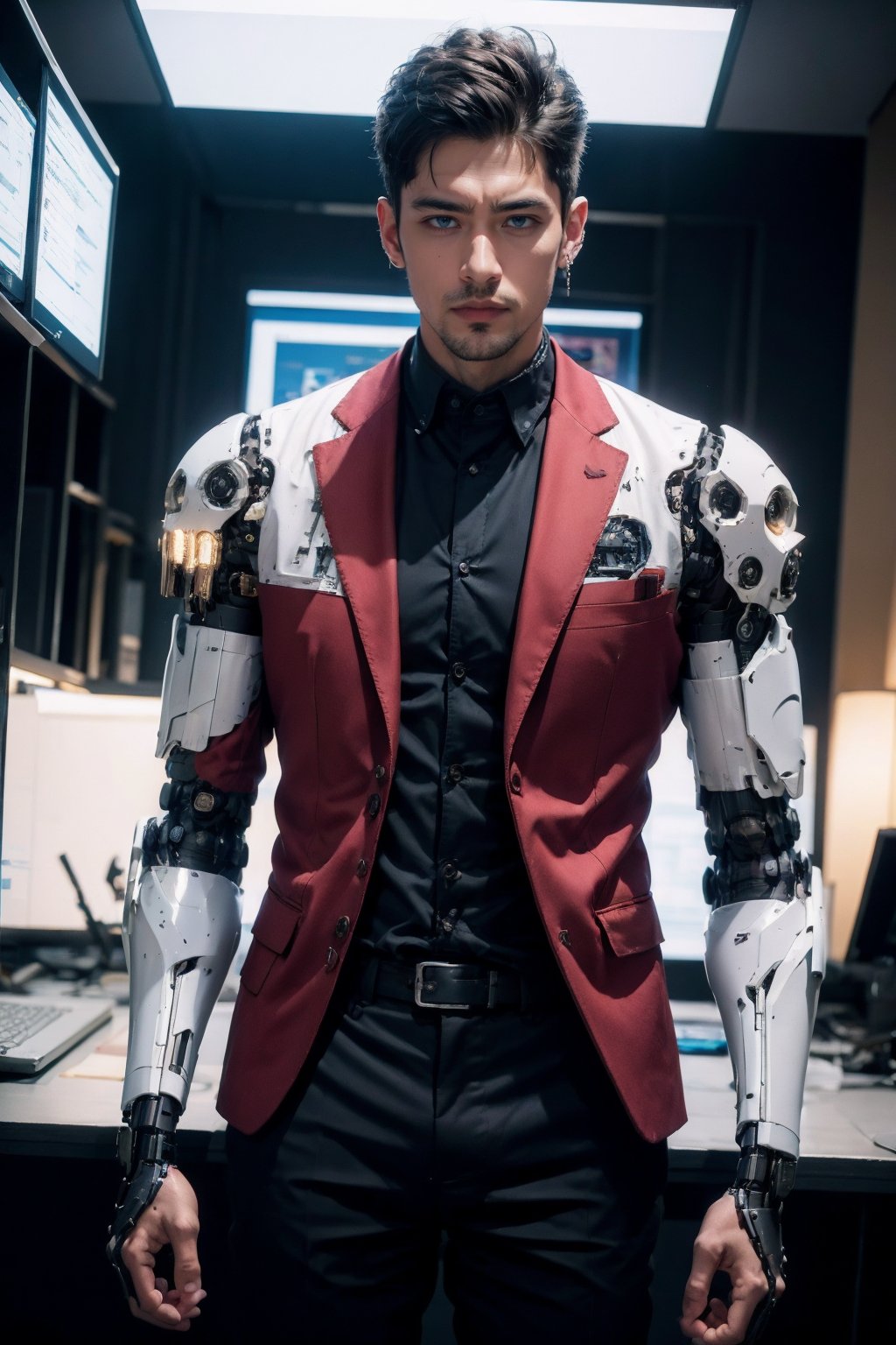 <lora:AgainRealistic_v2.0:0.8>, AgainRealistic_v2.0, solo, male focus, 1boy, realistic, mechanical arms, indoors, short hair, mole, looking at viewer, black shirt, jacket, shirt, single mechanical arm, prosthesis, black hair, pants, mole under eye, earrings, jewelry, brown hair, belt, suit, closed mouth, prosthetic arm, cyborg, science fiction, blue eyes, red jacket, computer, lips, window, formal, standing, blurry background, black pants, cyberpunk, blurry, scar, laptop