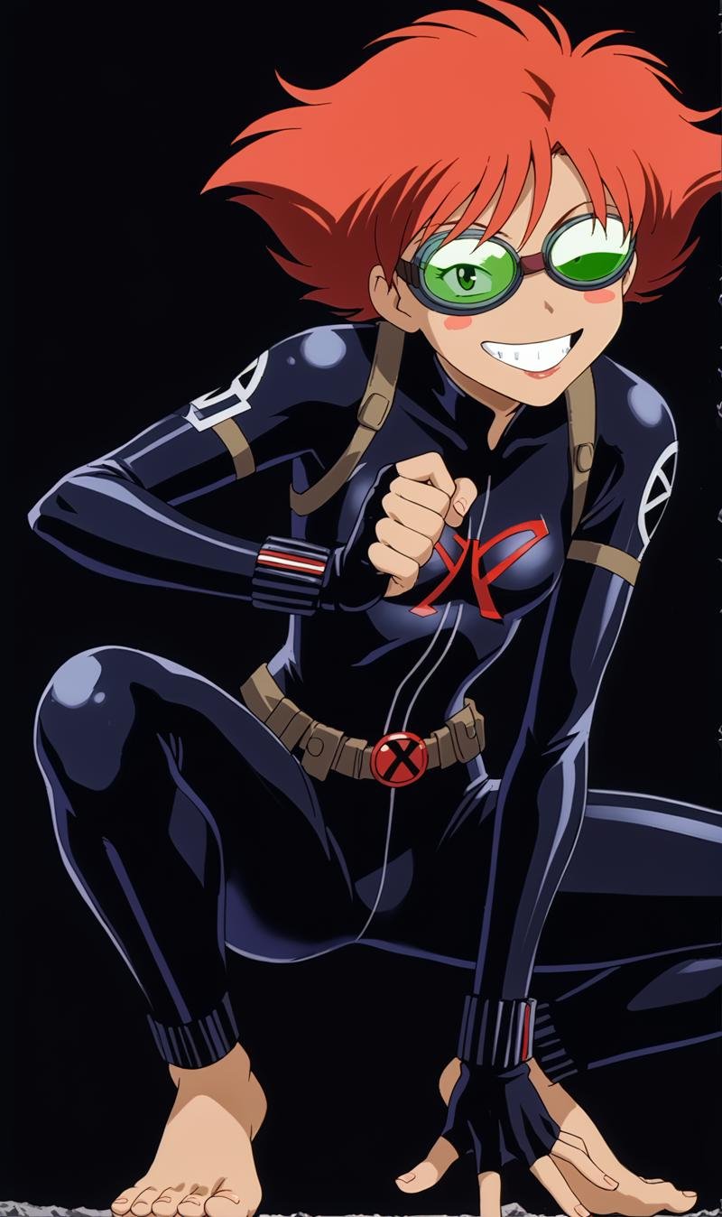 Edward, 1girl, solo, retro artstyle, red hair, blush stickers, goggles, flat chest, black widow outfit, bare feet, combat pose, crouching, marvel comics, big grin, black background, <lora:Edward Pony XL:0.85>