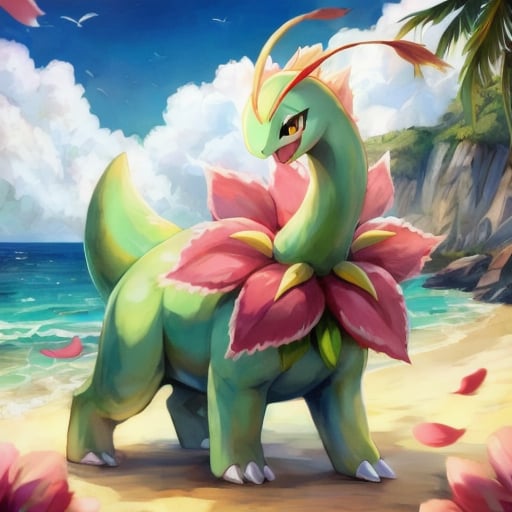 meganium,Masterpiece,high quality,4k,beautiful eyes,full body,pokemon \(creature)\,solo,no humans,beach,open mouth,happy,The pink petals on the neck,Green body,Pink Petals,yellow antenna,Short tail,3 toes,Quadruped,