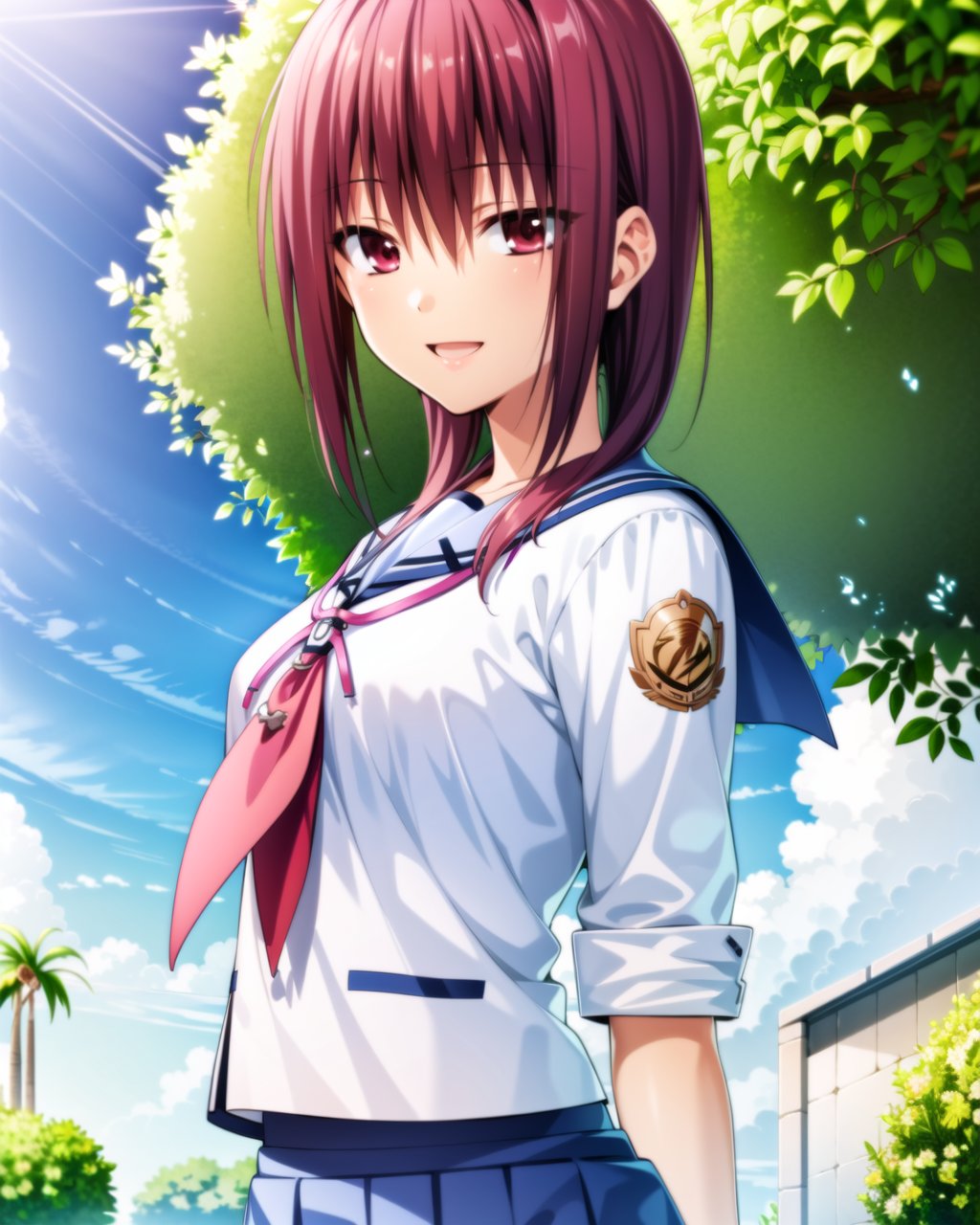 ((masterpiece)), ((best quality)), ((highres)), ((extremely detailed CG unity 8k wallpaper)), solo, <lora:iwasawa:0.9>, iwasawa, angel beats uniform, lavender skirt, outdoors, sunny, smile, black bracelet,