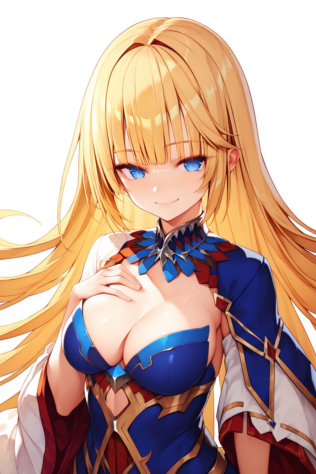 score_9, score_8_up, score_7_up, 1girl, squinting eyes smile, looking at viewer, golden hair, heavy_fringe, dark_blue eyes, breasts, hand_on_own_chest <lora:sorairo_len_PonyXL_style_v01:1>