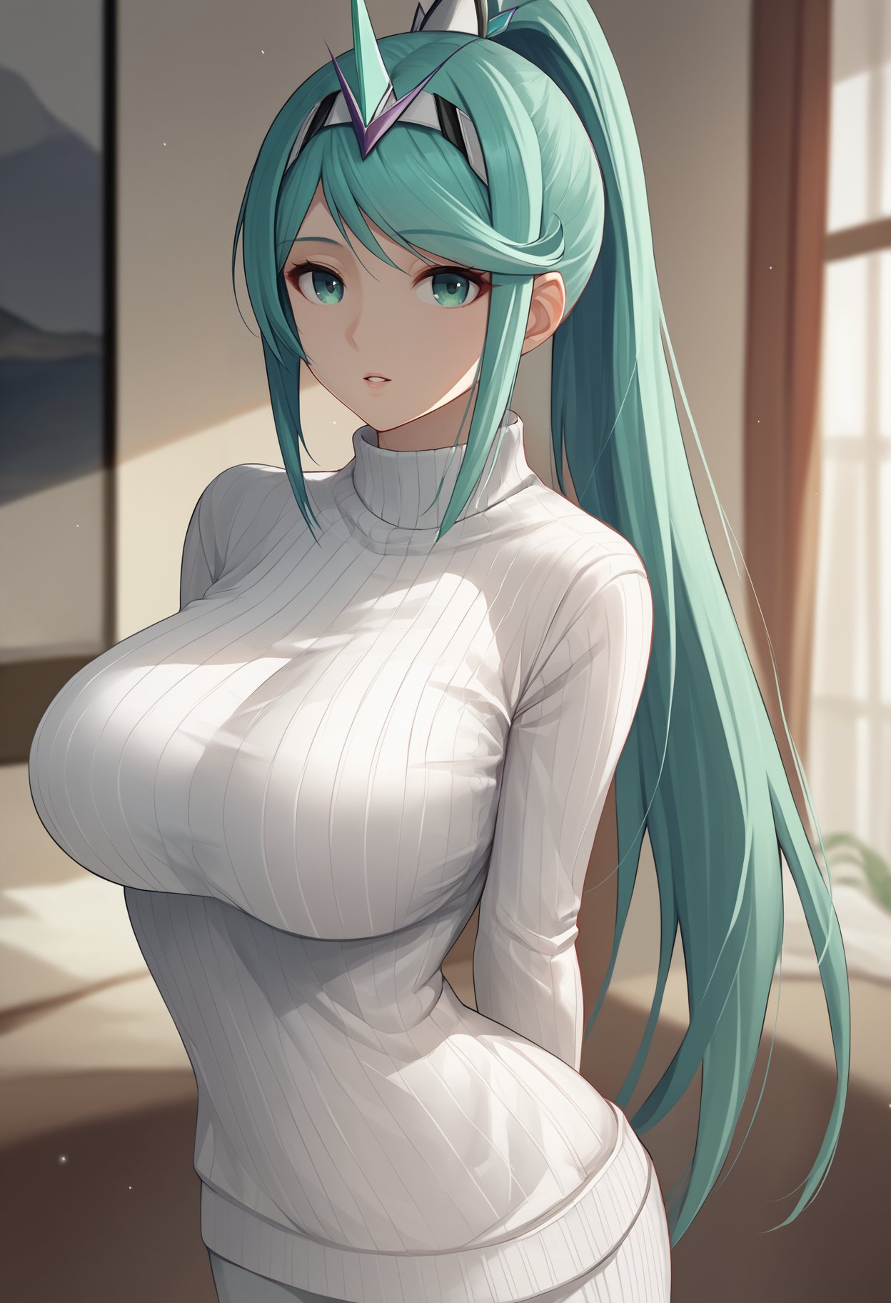 score_9, score_8_up, score_7_up, source_anime BREAK 1girl, solo, <lora:pneuma-xb-richy-v1_pdxl:1> pnmrnd, aqua eyes, aqua hair, long hair, ponytail, tiara, large breasts, white sweater, turtleneck sweater, ribbed sweater, sweater dress, parted lips, looking at viewer, indoors, arms at sides