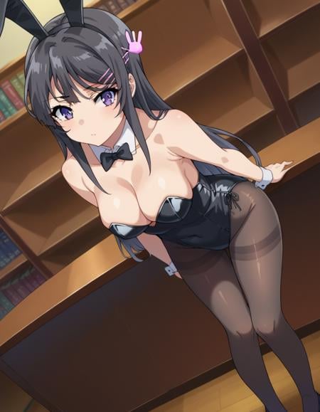 score_9, score_8_up, score_7_up, source_anime,maisakurajima, <lora:mai-sakurajima-s1-ponyxl-lora-nochekaiser:1>mai sakurajima, long hair, bangs, black hair, hair ornament, purple eyes, hairclip, rabbit hair ornament,bow, animal ears, cleavage, bare shoulders, pantyhose, bowtie, black footwear, rabbit ears, high heels, leotard, black pantyhose, strapless, black bow, detached collar, fake animal ears, playboy bunny, black leotard, strapless leotard, thighband pantyhose, black bowtie,indoors, library, bent over,looking at viewer, cowboy shot, dutch angle,