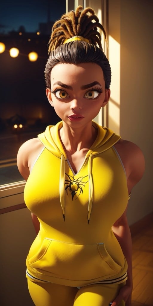 Hyperrealistic, photorealistic, super detailed, (((yellow hoodie))), yellow pants, orangeish black hair, hair is in dreadlocks in a high ponytail style, vivid amber eyes, left eyebrow has what appears to be a slit going through it, beauty mark underneath her right eye, body like in real life, large pores, muscular, brown-skinned, beautiful arms, fingernails are painted with black nail polish, medium breasts, unreal engine, octane render, droped shadow, bokeh, cinematic lighting, <lora:add_detail:0.5>, <lora:Volumetric_lighting:0.6>, , <lora:cc882da8-fed4-404f-a239-f3a7e96e7b73:0.7>