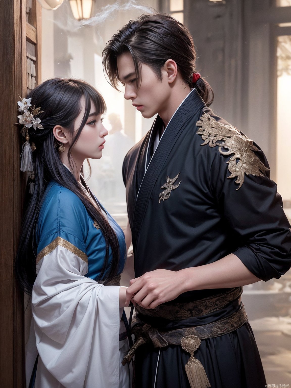 (absurd, high resolution, ultra-detailed),1 handsome man,1 beautiful girl,adult,tall and muscular man,broad shoulders,exquisite eyes,Han and Tang hairstyles,thin and enchanting women,interaction between men and women,epic love,two people Echoing action,chivalrous man,Hanfu armor,long sword,fairy couple,fairy,inn,war,smoke,martial arts,sublime,battlefield,(Chinese corner),shut up,(Colorful:1.2),<lora:wenboy_chen_v62:1>,