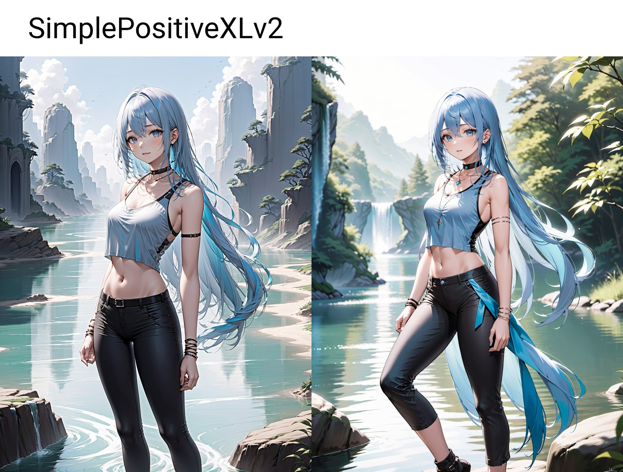 (SimplePositiveXLv2:0.6),1girl,solo,light blue long hair,hair,tank top cropped pants choker,fantasy rivers daytime,