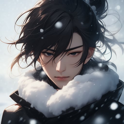 xuanyunxiake,solo,male focus,snowing,1boy,looking at viewer,black hair,portrait,closed mouth,lips,snow,serious,single hair bun,black eyes,wind,topknot,blurry,brown hair,upper body,<lora:xuanyunxiake_20240228140554:0.6>,, masterpiece, best quality,