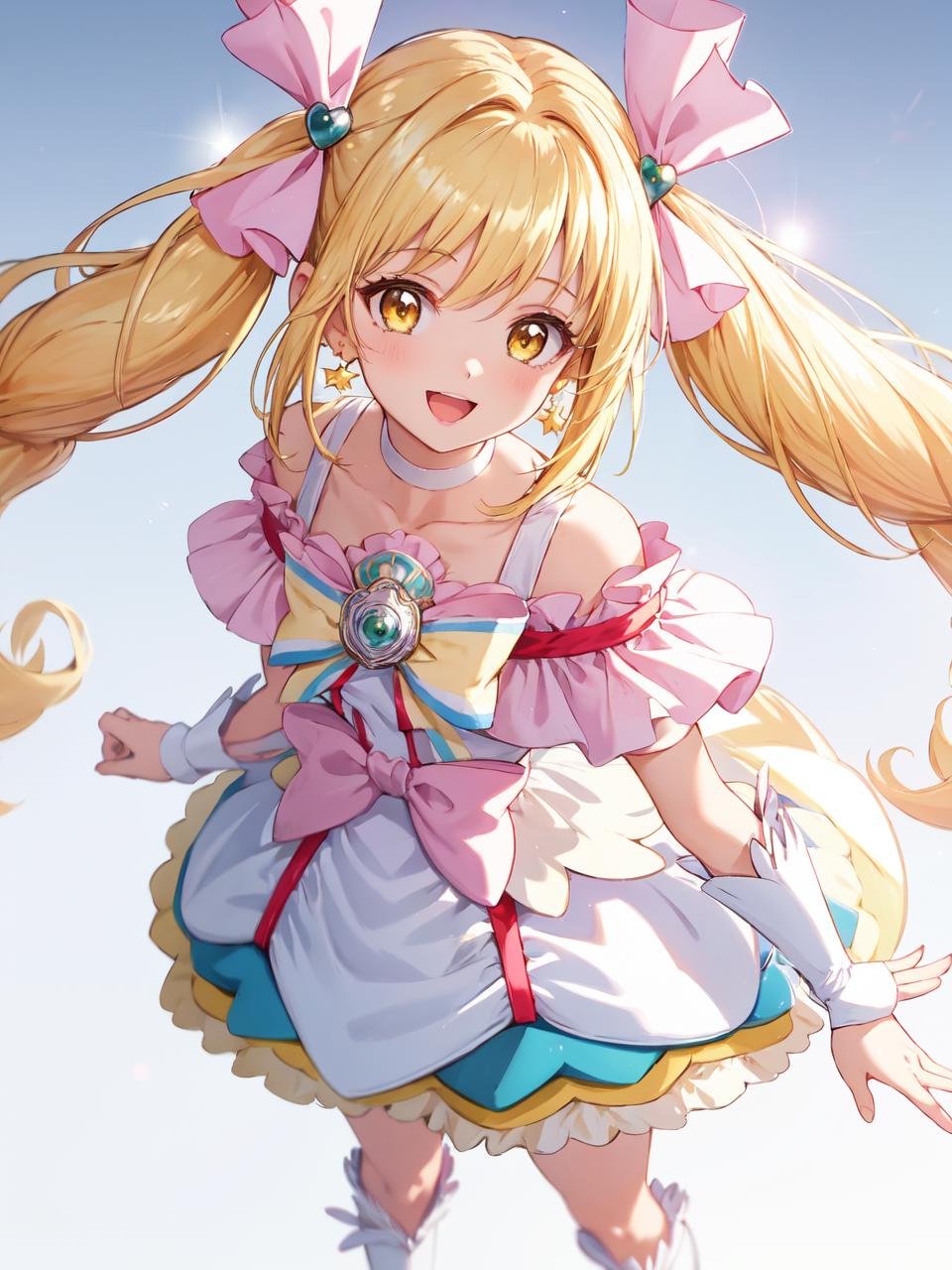 masterpiece, best quality, looking at viewer, depth of field, standing, open mouth, from above, 1girl, <lora:locon_cure_echo_01:0.95>, cure echo, blonde hair, twintails, hair ribbon, knee boots, earrings, arm warmers, brooch, choker, yellow eyes, shorts under skirt, white shorts, smile, ((gradient background)), lens flare,