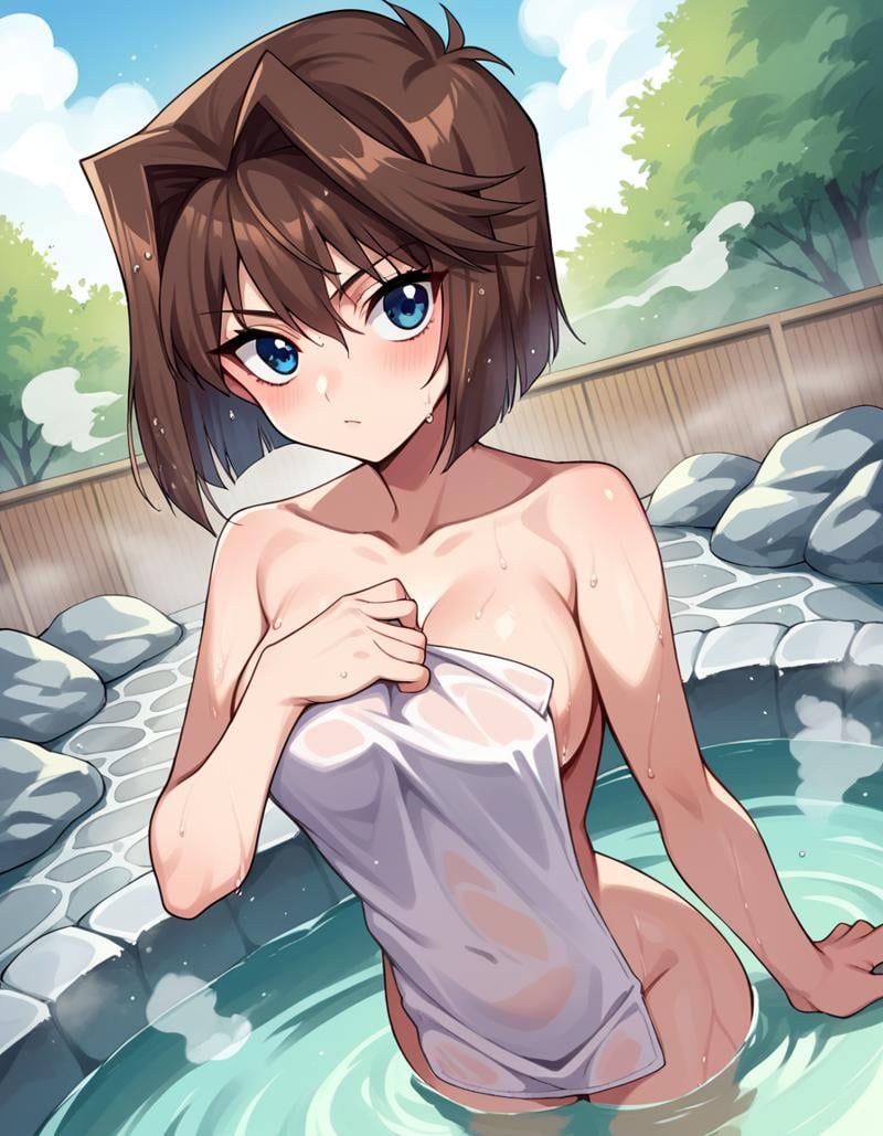 score_9, score_8_up, score_7_up, source_anime,anzumazaki, <lora:anzu-mazaki-ponyxl-lora-nochekaiser:1>anzu mazaki, blue eyes, brown hair, short hair,nude, naked, outdoors, onsen, towel, naked towel, steam, bathing, nude cover, partially submerged, water, bath, steam censor, wet towel,looking at viewer, cowboy shot, dutch angle,