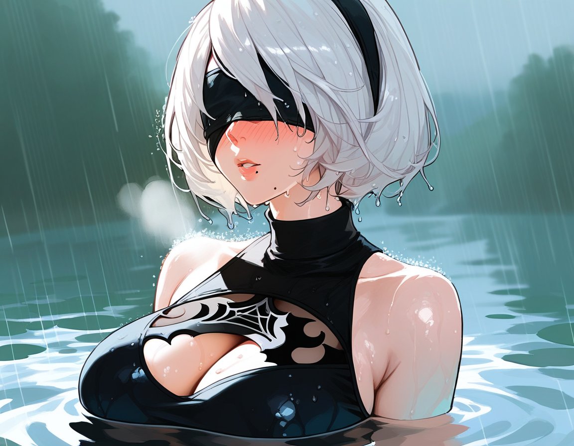 score_9, score_8_up, score_7_up, score_6_up, source_anime, <lora:CLD 0.1v:1>, CLD, 1girl, yorha no. 2 type b, solo, blindfold, black blindfold, rain, wet, mole under mouth, white hair, mole, short hair, water, hairband, bare shoulders, upper body, breasts, lips, dress, partially submerged, black dress, turtleneck, wet hair, covered eyes, black hairband, huge breasts, clothing cutout, parted lips, sleeveless, wet clothes, cleavage cutout, outdoors, collarbone, nose, bangs, transparent water, reflection, full-face blush, heavy breathing, steam,