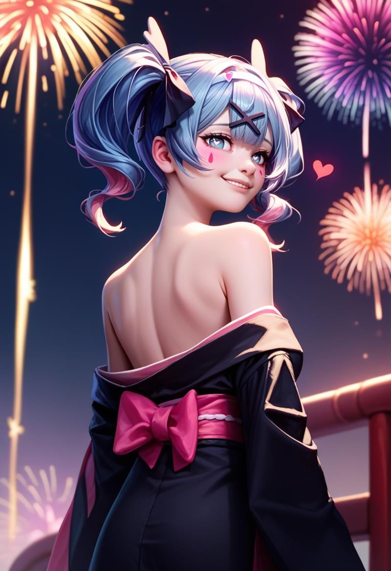 score_9, score_8_up, score_7_up, score_6_up, detailed, from behind, solo, 1girl, rabbitholemiku, facial mark, smile, looking back, twintails, x hair ornament, hair ribbon, heart-shaped pupils, black kimono, off shoulder, pink sash, bare shoulders, fireworks <lora:vocaloid_rabbitholemiku_ponyXL:1>