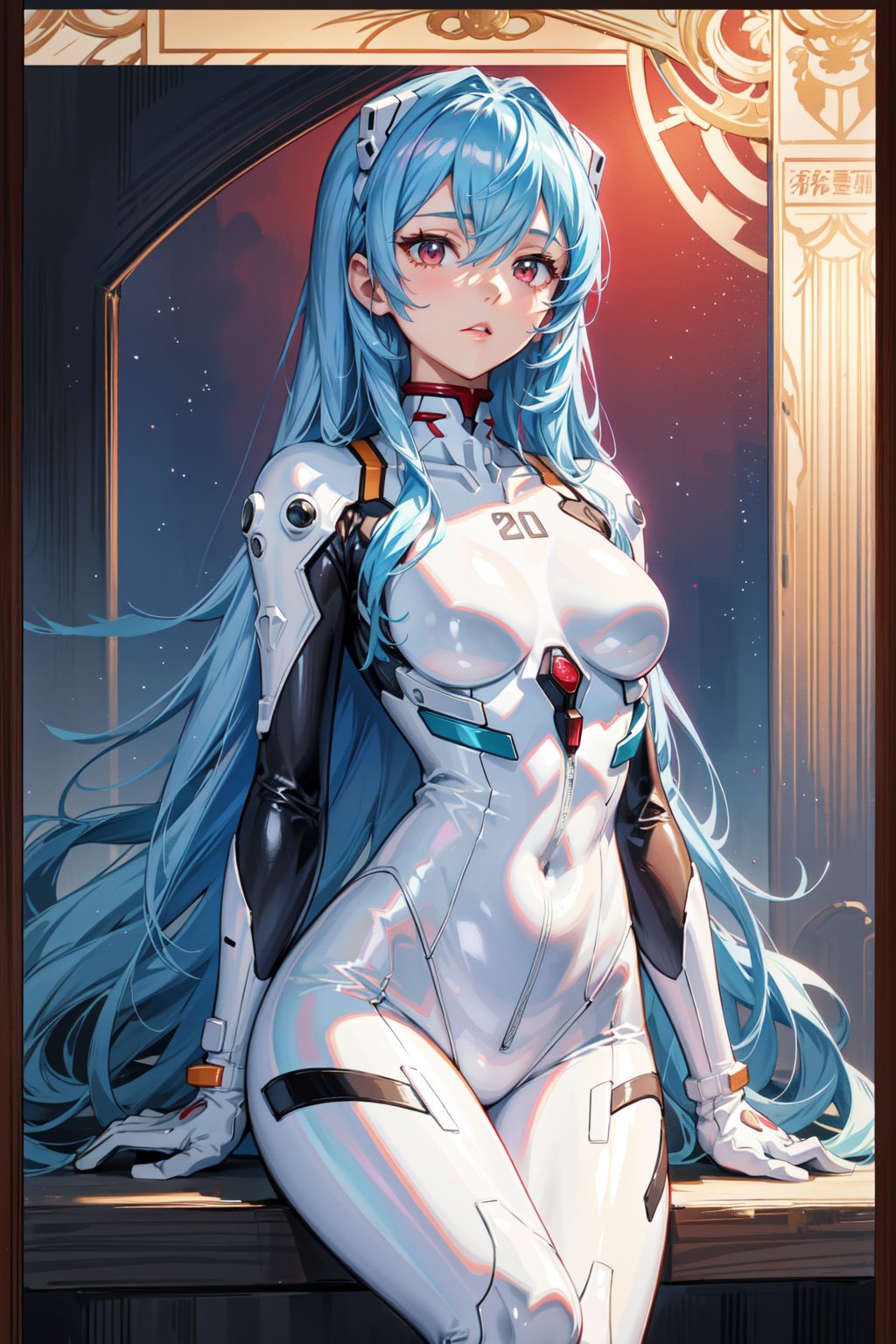 <lora:Rei-000011:0.6>,Rei CYQL,1girl,looking at viewer,solo,blue hair,red eyes,hair between eyes,medium breasts,(Rei 00,long hair,very long hair,hair between eyes,hair spread out,white bodysuit,plugsuit,interface headset,bodysuit,two-tone sleeves),(expressionless:1.2),beautiful face,beautiful eyes,glossy skin,shiny skin,(cowboy_shot,from_below,sitting:1.2),hand in pocket,Wooden bed frame, Patchwork quilt, Rustic furniture, Floral curtains, Woven baskets,Daffodils, Poetry books, Dusk, Inspiration, Tranquility,beautiful detailed sky,beautiful detailed glow,(English text:1.3),(border:1.5),posing in front of a colorful and dynamic background,(masterpiece, best quality, beautiful and aesthetic:1.3),contrapposto,female focus,fine fabric emphasis,wallpaper,fashion,Lipstick,depth of field,intricate_detail,finely_detailed,fine_fabric_emphasis,(glossy),<lora:增强减少细节add_detail:0.3>,