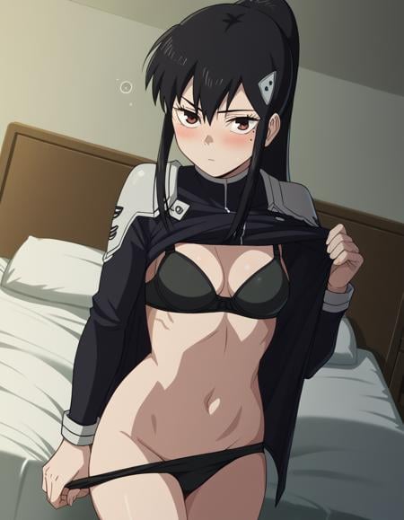 score_9, score_8_up, score_7_up, source_anime, <lora:mina-ashiro-s1-ponyxl-lora-nochekaiser:1>, mina ashiro, long hair, black hair, hair ornament, brown eyes, ponytail, mole, mole under eye,, bodysuit, black bodysuit, <lora:undressing-ponyxl-lora-nochekaiser:1>, undressing, underwear, clothes pull, pulling own clothes, bra, panties, panty pull, shirt lift, open shirt, skirt pull, clothes lift, navel, indoors, bed, bed room, blush,, indoors, bed, bed room, on side, blush, drunk, looking at viewer, solo,, cowboy shot, dutch angle