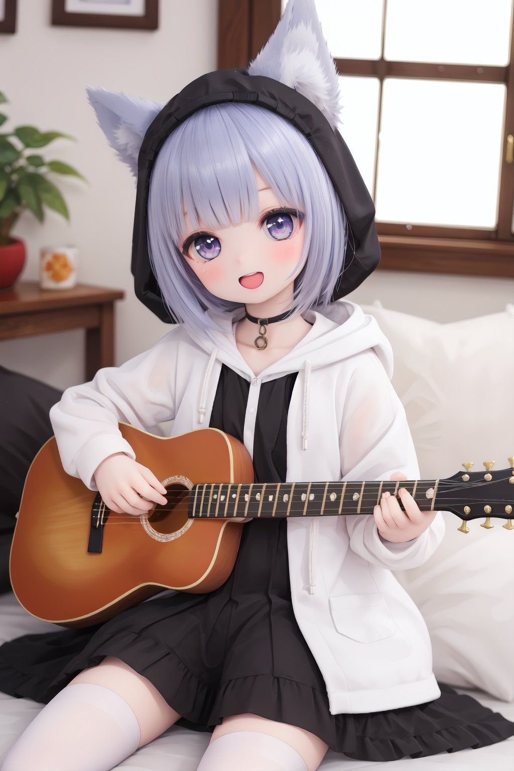 (ultra-detailed),highres,original,tabheadstyle,oimo_imoo,lapingrisstyle1,(best quality),(detailed eyes),((masterpiece)),sunlight through the window,1girl,wolf ears,acoustic_guitar,bangs,blunt_bangs,drawstring,hair_ornament,holding,hood,hood_up,hoodie,instrument,long_hair,multicolored_hair,music,open_mouth,sharp_teeth,sitting,smile,solo, , white pantyhose<lora:doll-v1:0.5>,