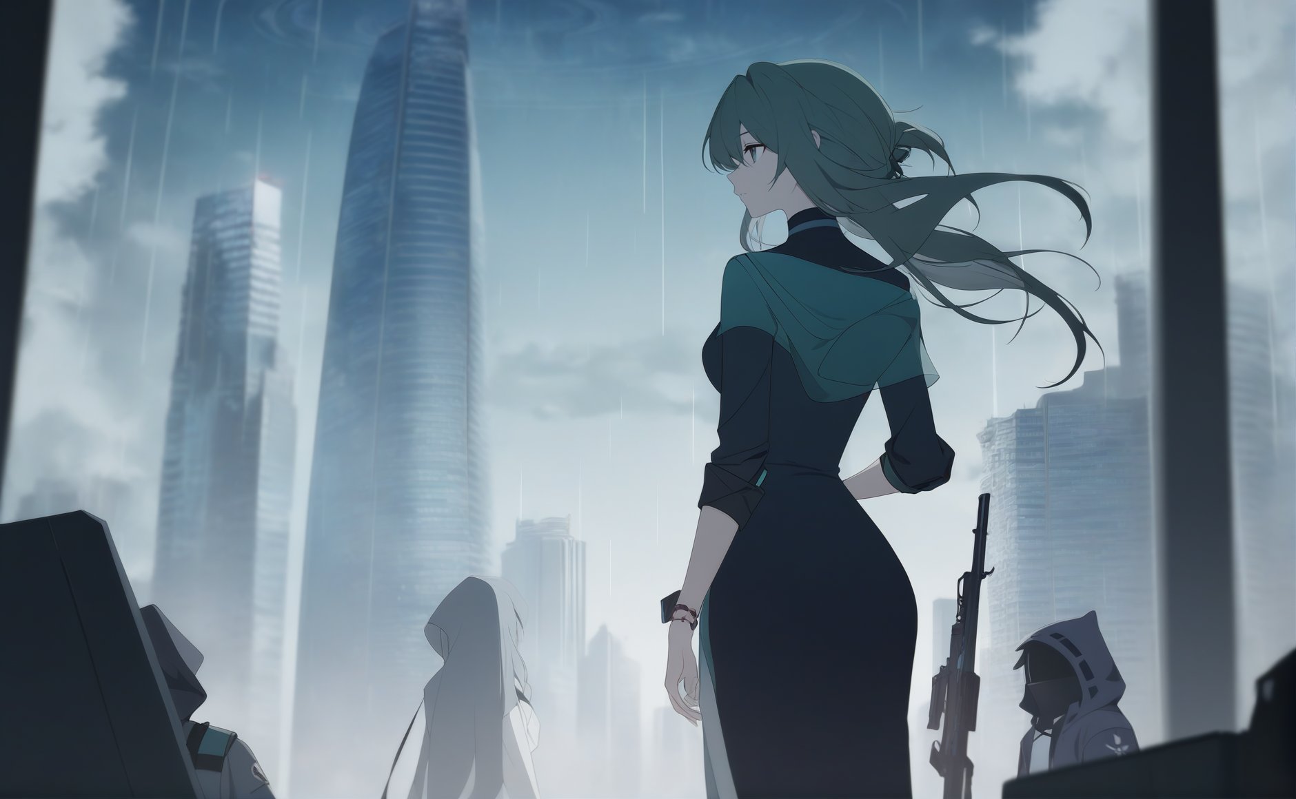 1girl solo 1girl, female doctor \(arknights\), arknights evening gown light sea-green skyscraper rainy days plain-highres absurdres best-quality safe masterpiece