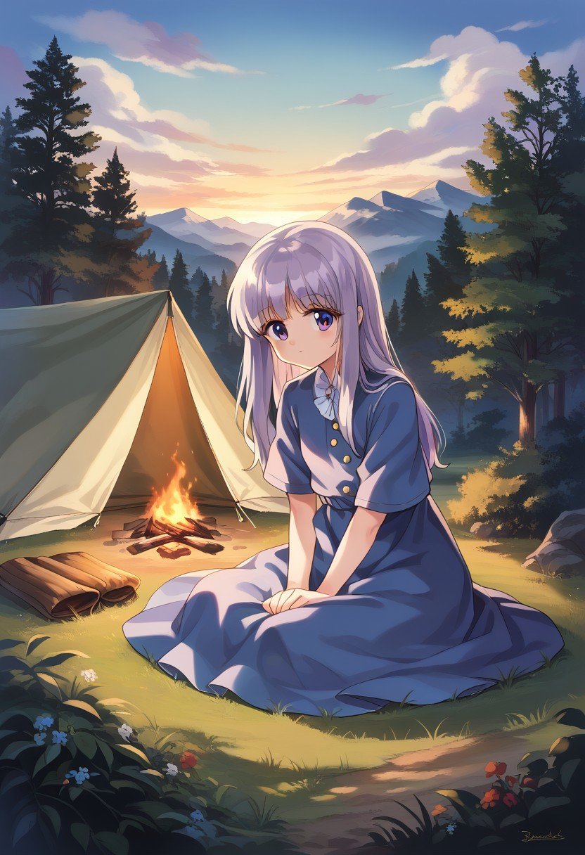 score_9, score_8_up, score_7_up,source_anime, charming woman, vintage outfit, retro camping, campfire, patting playful rabbit, sitting on grass, tent, lots of trees, cheerful expression. midnight, low light, dappled moonlight, mountainous horizon, soft lighting, muted colors, high contrast, nostalgic, whimsical, detailed, high-definition, elegant, classic, serene atmosphere, intricate details, cinematic