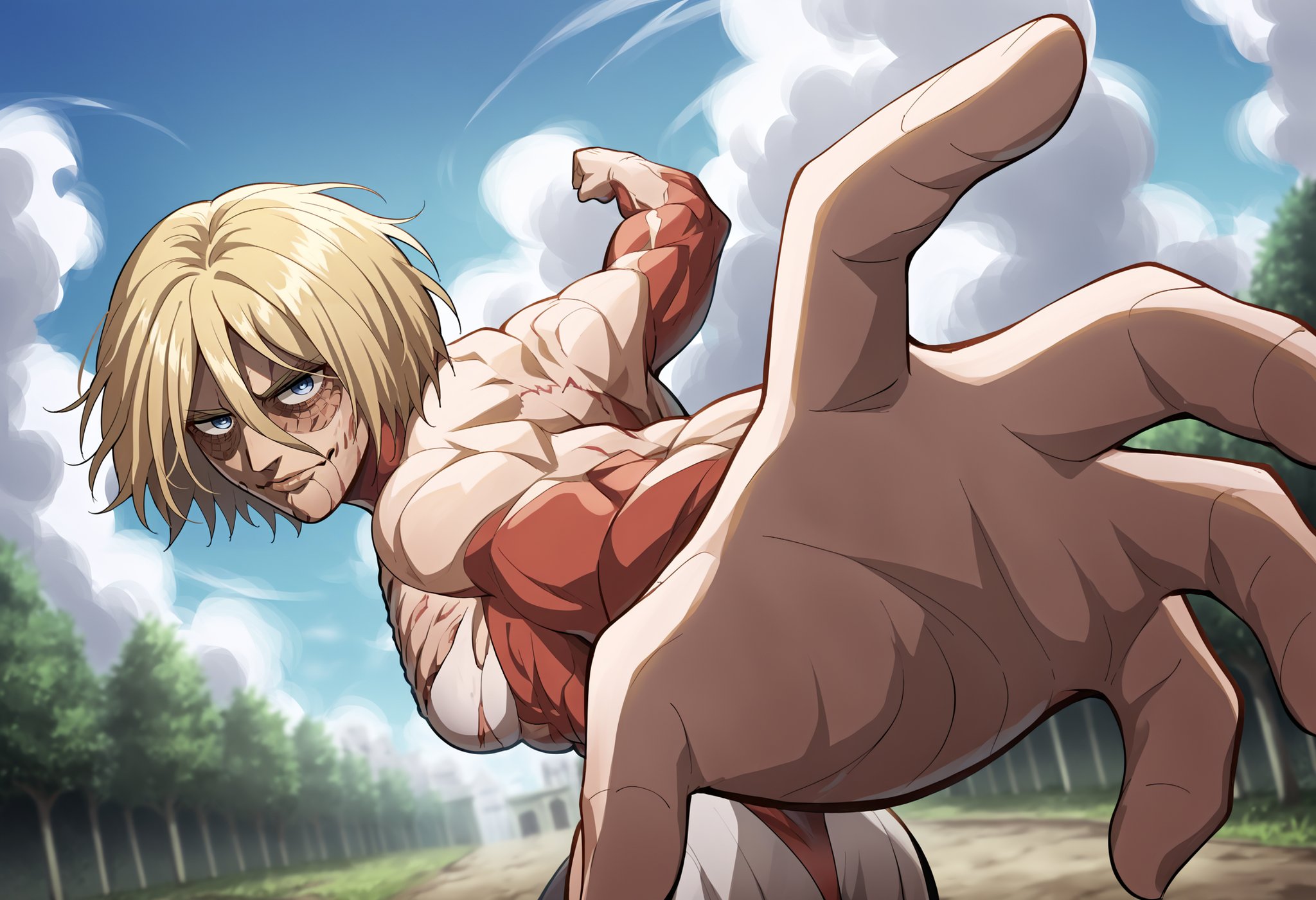 score_9, score_8_up, score_7_up, score_6_up, score_5_up, score_4_up, BREAK, source_cartoon, source_anime,1girl,  female titan, blonde hair, short hair, blue eyes, muscular, scar, IncrsPunchMeme, incoming punch, blue sky, meadow <lora:FemaleTitanXL:1> <lora:PepePunchMeme_XLPD:1>