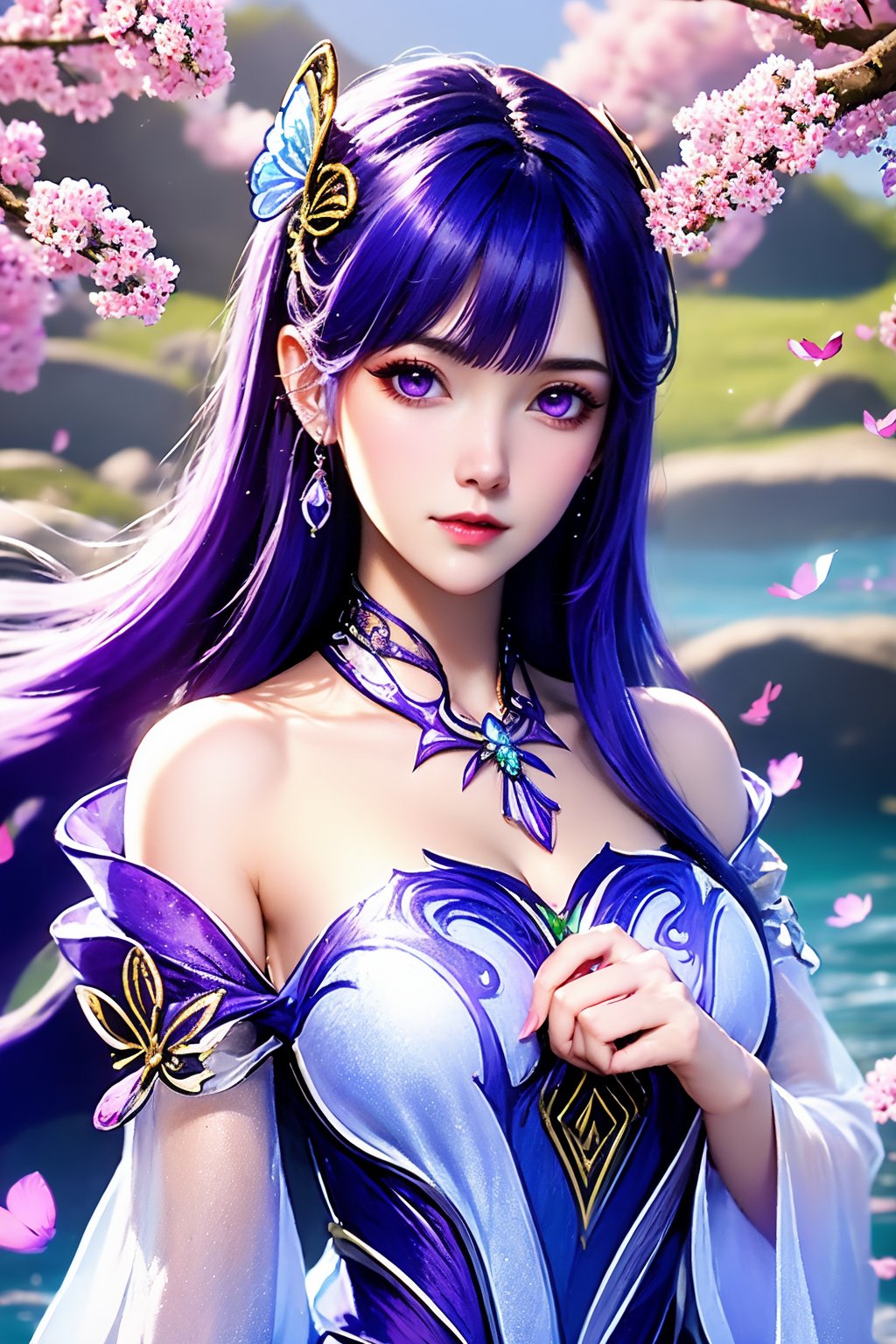 1girl, solo, dress, hair ornament, purple hair, jewelry, long hair, earrings, hand on own chest, purple eyes, bare shoulders, upper body, cherry blossoms, white dress, branch, flower, detached sleeves, petals, water, detached collar, falling petals, closed mouth, butterfly hair ornament, looking at viewer, purple dress, blurry background, blurry, breasts, strapless, mole
