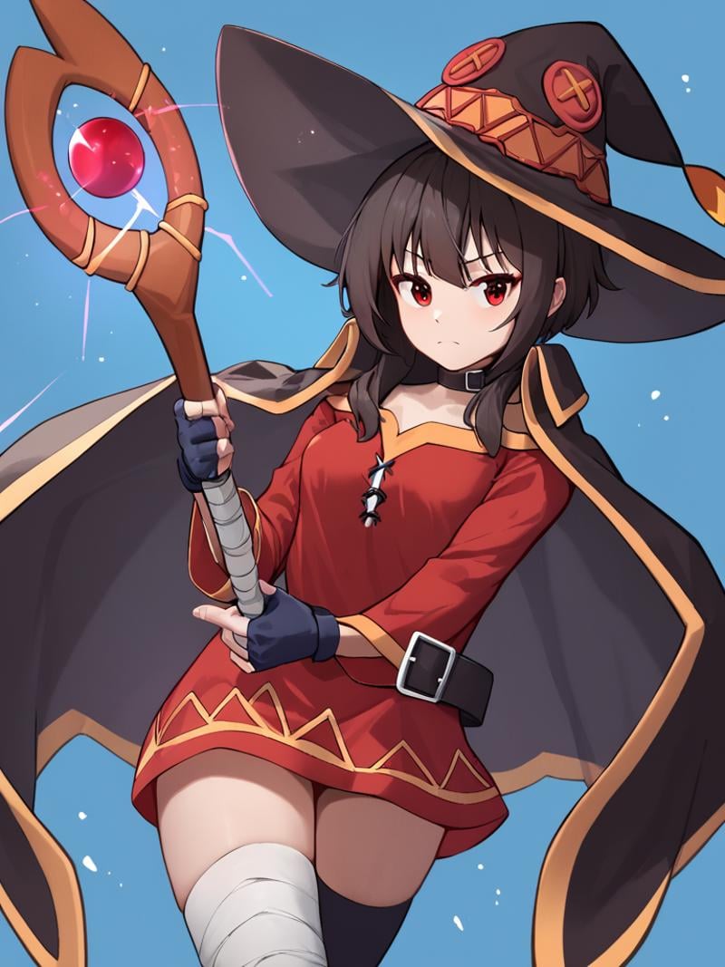 score_9,score_8_up,score_7_up,  <lora:megumin:1>,highres, black_thighhighs, black_belt, simple_background, black_cape, black_gloves, blue_background, solo, short_hair_with_long_locks, black_choker, medium_breasts, fingerless_gloves, witch_hat, short_dress, single_thighhigh, looking_at_viewer, closed_mouth, absurdres, magic, looking_to_the_side, 1girl, red_dress, megumin, cowboy_shot