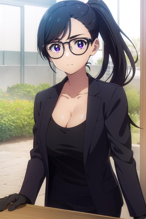 hizuruminakata, <lora:hizuru minakata s1-lora-nochekaiser:1>,hizuru minakata, long hair, black hair, glasses, (purple eyes:1.1), black-framed eyewear,BREAK ponytail, shirt, gloves, cleavage, collarbone, jacket, black gloves, pants, black jacket, black shirt, black pants, formal, suit,BREAK outdoors,BREAK looking at viewer,BREAK <lyco:GoodHands-beta2:1>, (masterpiece:1.2), best quality, high resolution, unity 8k wallpaper, (illustration:0.8), (beautiful detailed eyes:1.6), extremely detailed face, perfect lighting, extremely detailed CG, (perfect hands, perfect anatomy),