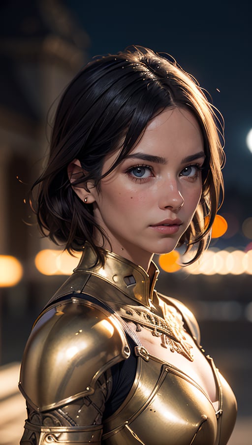 Portrait of a girl, the most beautiful in the world, (medieval gold armor), metal reflections, upper body, outdoors, intense moonlight, far away castle, professional photograph of a stunning woman detailed, perfect bobbed sexy intense black hair, sharp focus, dramatic, award winning, cinematic lighting, volumetrics dtx, (film grain, blurry background, blurry foreground, bokeh, depth of field, perfect night, interaction, Perfect chainmail), (masterpiece), (extremely intricate:1.3), (realistic), HDR+