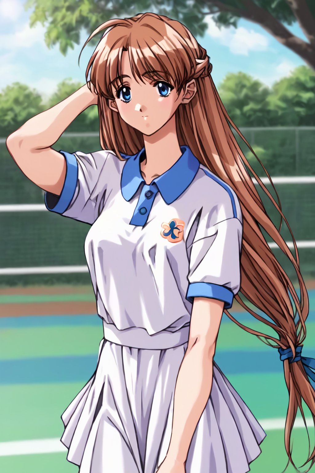 score_9, score_8_up, score_7_up, score_6_up, score_5_up, score_4_up, source_anime,kobayakawa mizuho, 1girl, blue eyes, brown hair, low-tied long hair, solo, mizuho_tennis, tennis uniform, cowboy shot,masterpiece, perfect face, best quality, beautiful girl, blurry background, cute girl, beautiful eyes, shiny eyes, anime coloring, anime screencap, absurdres,  <lora:kobayakawa mizuho hoseki 820 1:0.8>