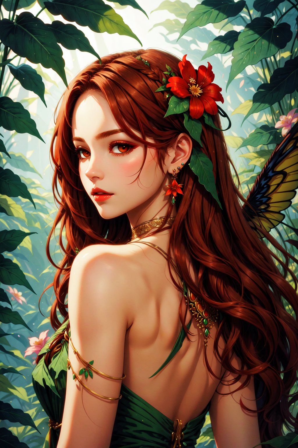 FeoDusk, 1girl, solo, long hair, brown hair, hair ornament, bare shoulders, jewelry, flower, red hair, earrings, looking back, hair flower, lips, leaf, head wings, <lora:FaeConceptV2:0.6>