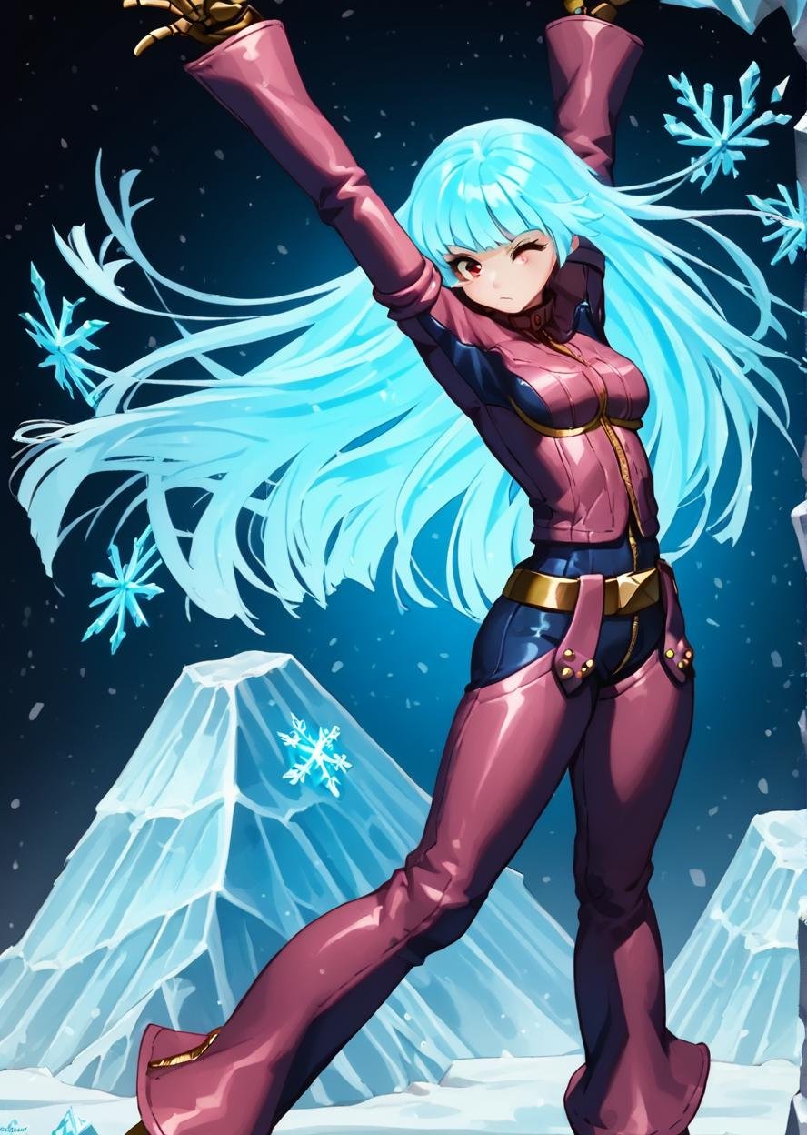 score 9, score 8 up, score 7 up, rating questionable,detailed background,<lora:kula.pony:1>,kula, wide hips, shiny skin,glowing hair, iceberg, blue background, snowflake, arms forward,  <lora:Anime_Figure_P1:1>