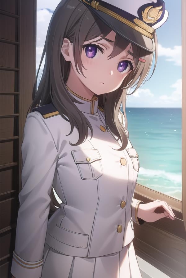 chinamoeka, <lora:china moeka s1-lora-nochekaiser:1>,china moeka, long hair, brown hair, (purple eyes:1.1),BREAK hair ornament, hat, hairclip, uniform, military, military uniform, peaked cap, naval uniform, (white uniform:1.5),BREAK outdoors, ship, navy,BREAK looking at viewer, (cowboy shot:1.5),BREAK <lyco:GoodHands-beta2:1>, (masterpiece:1.2), best quality, high resolution, unity 8k wallpaper, (illustration:0.8), (beautiful detailed eyes:1.6), extremely detailed face, perfect lighting, extremely detailed CG, (perfect hands, perfect anatomy),