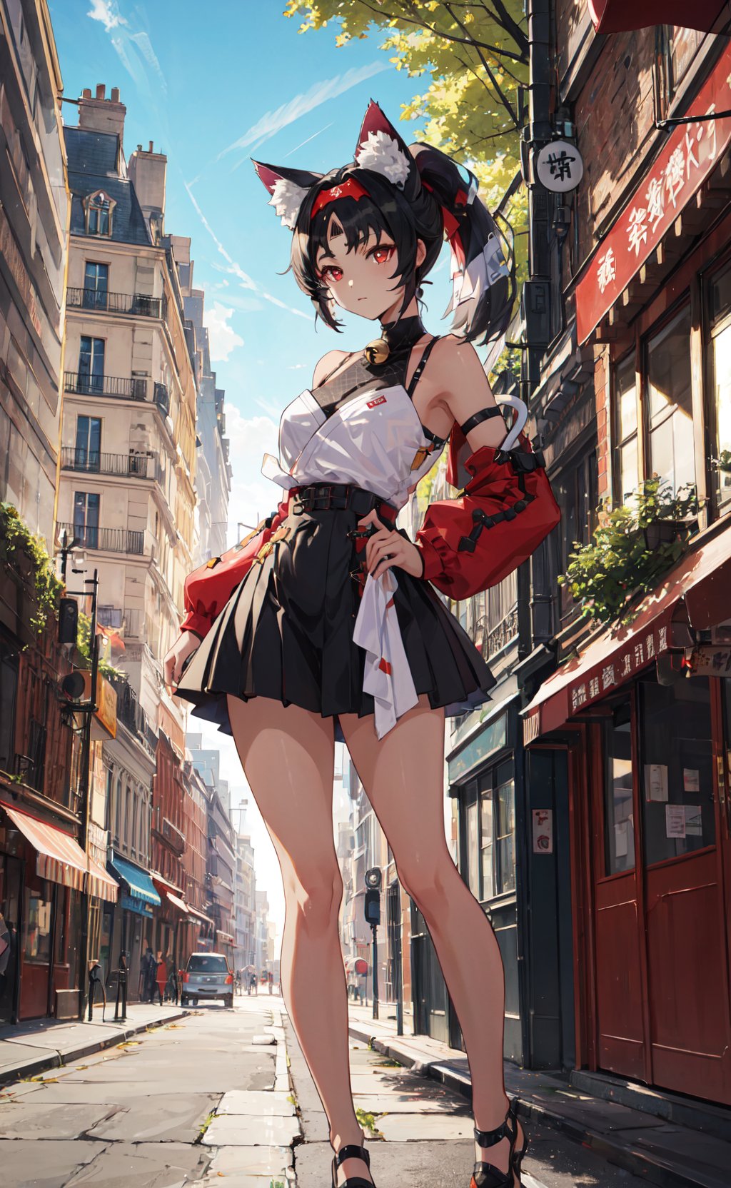 <lora:Nekomiya-000020:0.8>,Nekomiya CYQL,1girl,looking at viewer,solo,animal ears,black hair,red eyes,cat ears,bell,facial mark,cat girl,hairband,animal ear fluff,ponytail,(Silk_blouse:1.5),(Pleated_midi_skirt:1.4),(Pearl_earrings:1.3),(Parisian_cafe_background:1.5),smug,full_shot,Forest, Brook, Sunlight, Trees, Moss, Rocks, Tranquility, Nature sounds,beautiful detailed sky,beautiful detailed glow,posing in front of a colorful and dynamic background,masterpiece,best quality,beautiful and aesthetic,contrapposto,female focus,wallpaper,