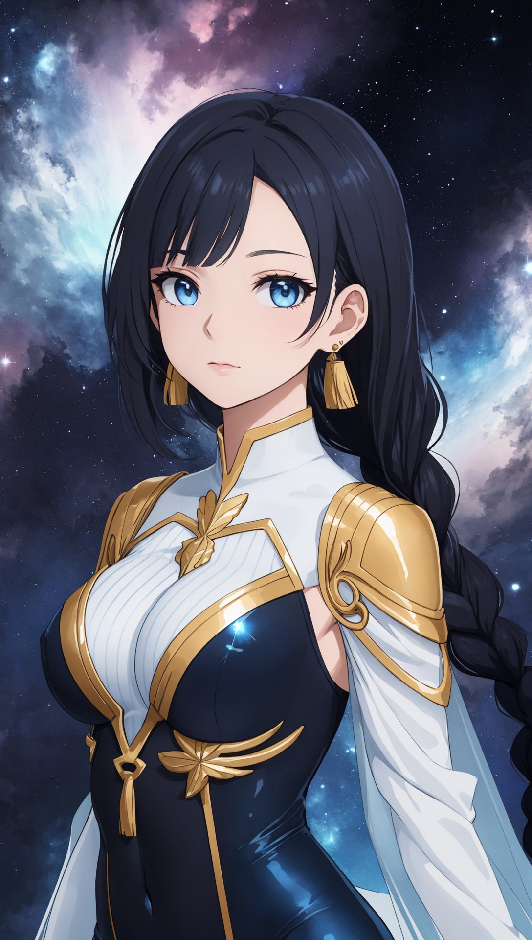 (best quality),((masterpiece)),ultra-detailed,(highres),original,extremely,shenhe,1girl,solo,long hair,breast curtain,braid,breasts,blue eyes,looking at viewer,flower,black hair,hair ornament,upper body,butterfly,tassel,bug,braided ponytail,bodysuit,signature,jewelry,shoulder cutout,bangs,earrings,very long hair,gold trim,closed mouth,tassel earrings,artist name,(blue and white bodysuit:1.2),Background: in waterpark,reflections,nebula sky Style: official art,unity 8k wallpaper,ultra detailed,beautiful and aesthetic,