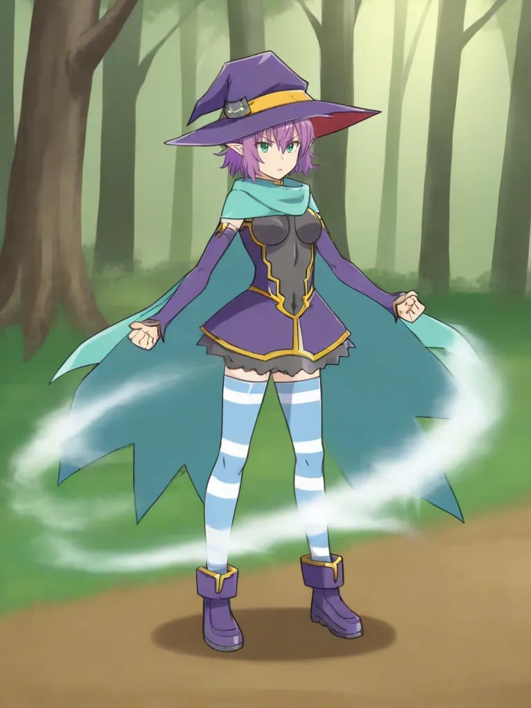 <lora:noelgmeister2pony:0.7>1girl, solo, noelgm2, purple hair, short hair, green eyes, pointy ears, witch hat, dress, detached sleeves, cape, striped thighhighs, boots, standing, forest, power up stance, full body, serious, magic, magic aura,  parted lips