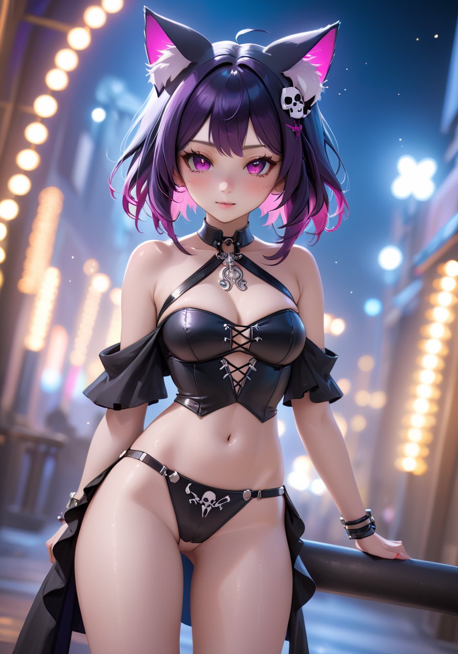 realistic, a pretty 19-year-old dark magical-girl plotting mischief, dark magical-girl outfit, cleavage, cat ears, skulls and terror, magical tattoos, vibrant magical particle effects, volumetric lighting, anti-aliasing, color-graded, bokeh, 1DOF, nikon D850,wani wani panic,startrail,ultra realistic detailed,aesthetic,best quality,(photorealistic:1.2),dynamic angle,elegant,realistic skin detail ,strap_slip, bare_shoulders, off_shoulder