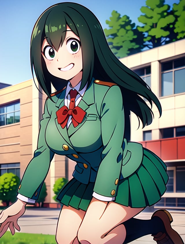 <lora:tsuyu:.7>tsuyu asui, school in background, happy