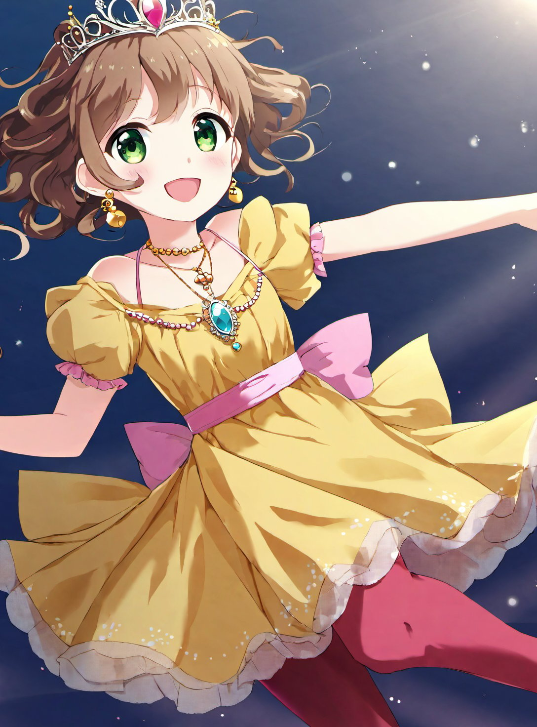 a young girl with light brown hair and green eyes. She is wearing a yellow dress with a pink sash and black boots. She is also wearing a gold necklace and a tiara. She is smiling at the viewer. The camera angle is from the waist up, and the girl is in the center of the frame. The girl is happy and excited, and she is looking forward to something, depth of field, cinematic compositions, best lighting,1girl, solo, jewelry, brown hair, curly hair, necklace, smile, dress, earrings, red pantyhose, pantyhose, open mouth, tiara, cross, full body