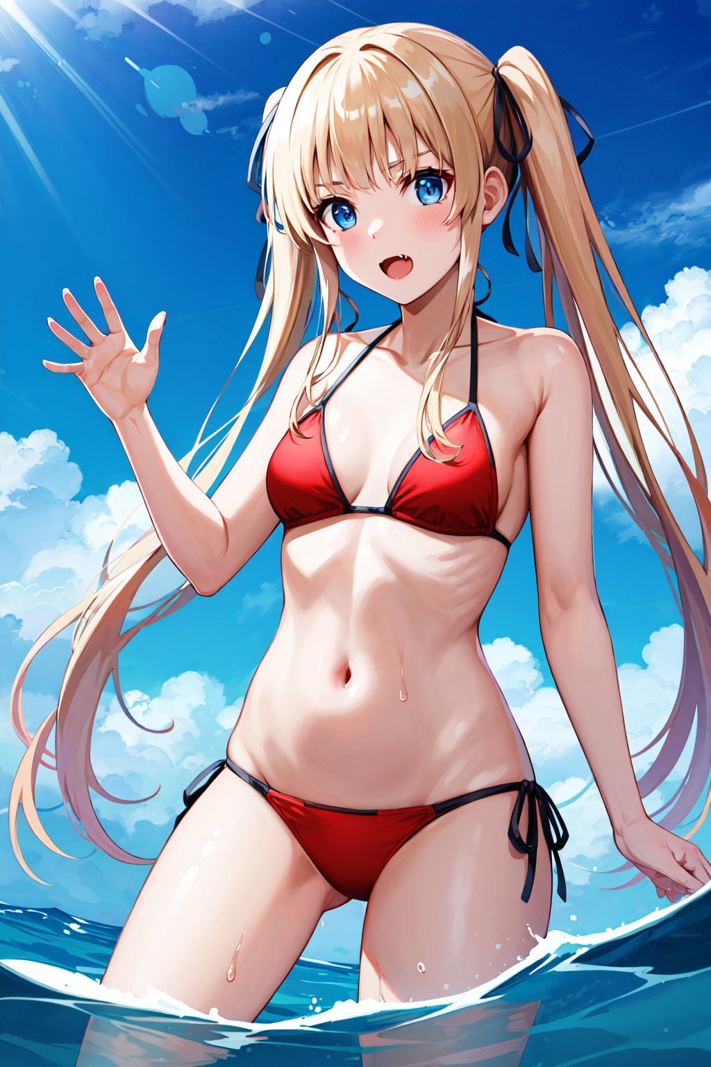 masterpiece, best quality, highres, aaeriri, long hair, twintails, hair ribbon, fang, red bikini, string bikini, <lora:sawamura_spencer_eriri_v1:0.7>, ocean, partially submerged, standing, waving, wet, cowboy shot, blue sky