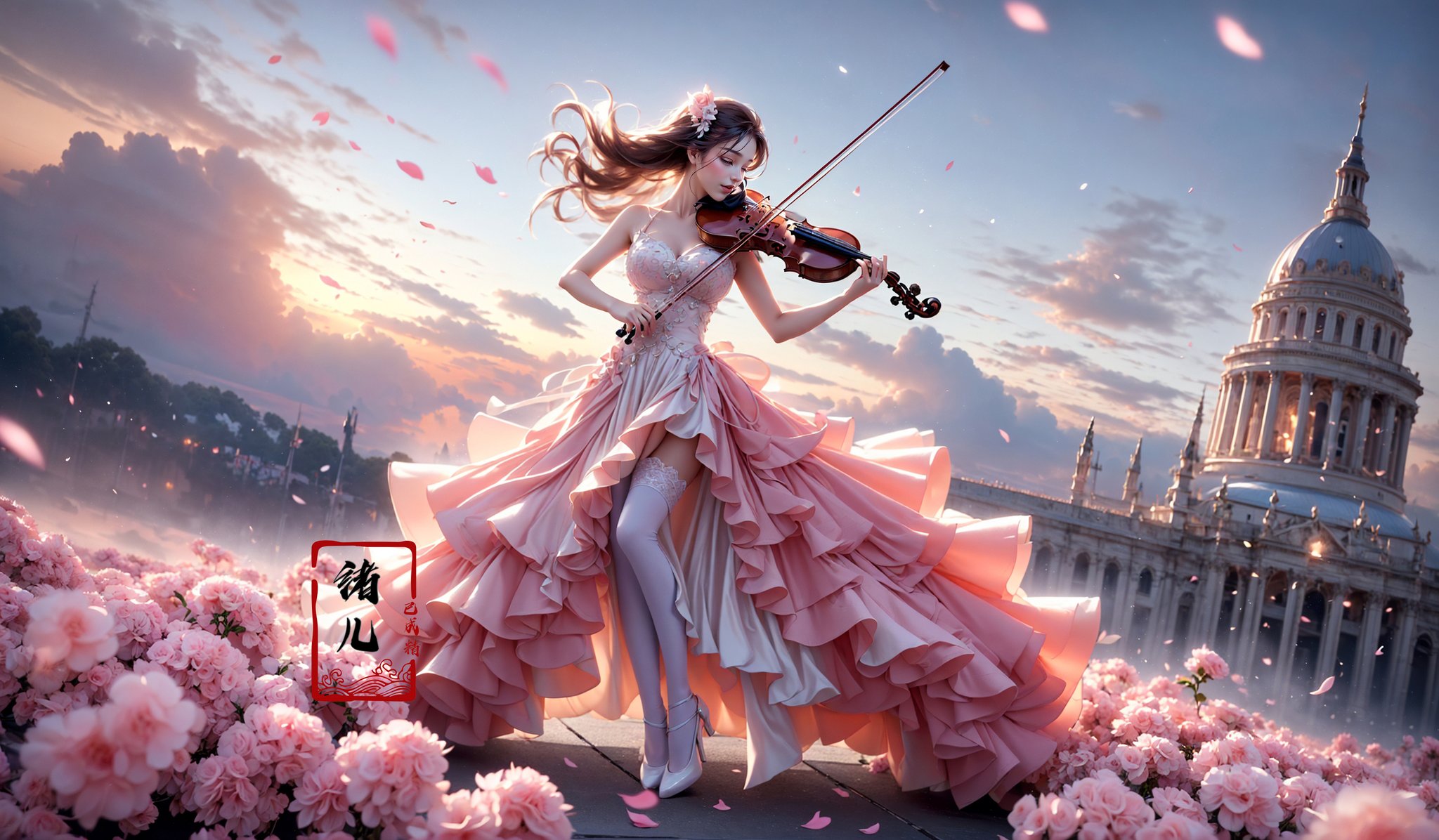 (A girl in a dress is in the air:1.4), playing a violin, (wide shot, wide-angle lens,Panoramic:1.2),super vista, super wide Angle，Low Angle shooting, super wide lens,violin，bare shoulders，petals，(pink dress:1.2)，from below，blurry foreground，(full body:1.5), (white  silk stockings:1.3)，<lora:绪儿-小提琴 violin:0.8>