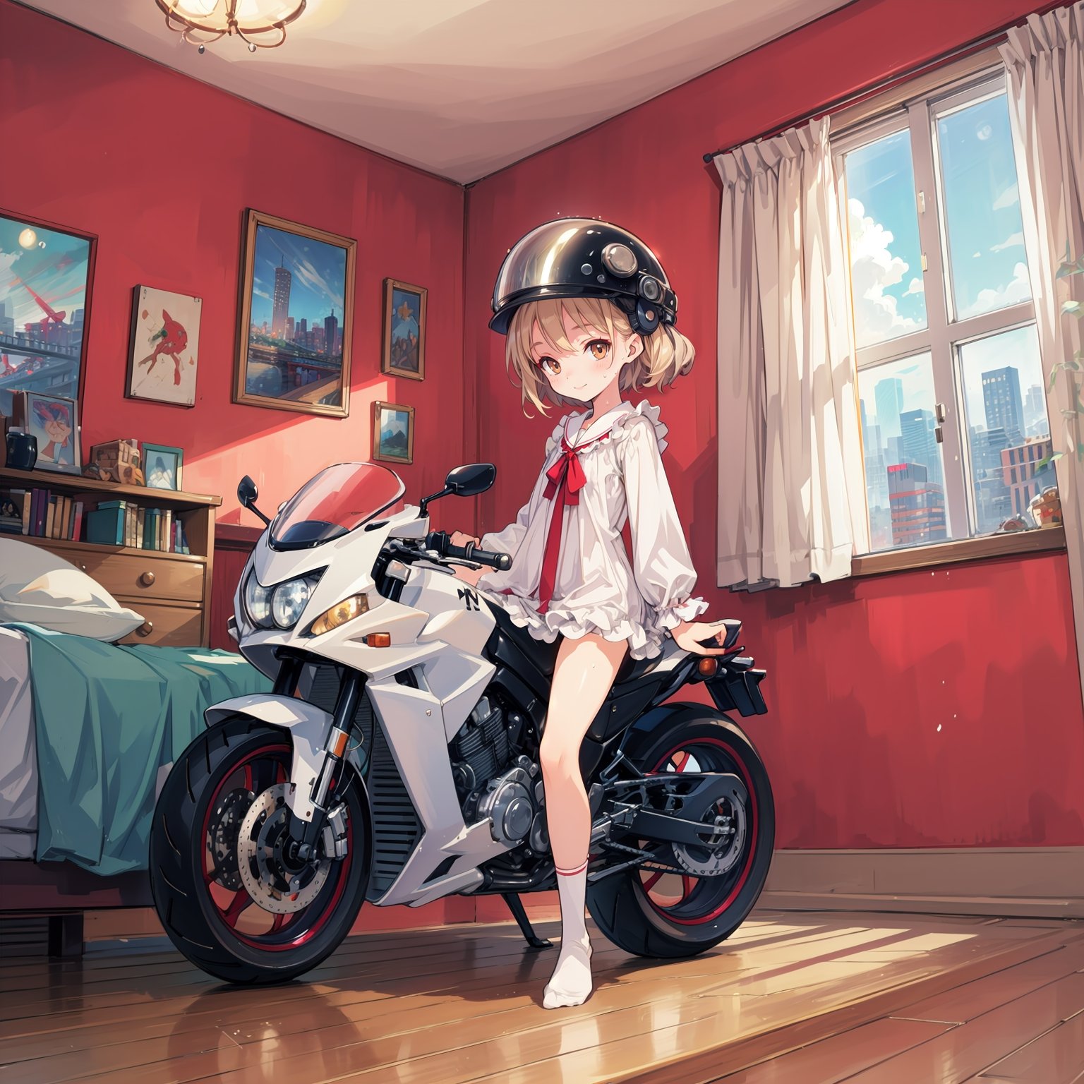 (masterpiece,4k, best quality,slim,thin,skinny,petite), panorama view,(full body),from below, a girl with pajamas in a morden bedroom,window,cityscape,bed,looking at viewer,sweat drop,curl up at corner,crouch,hands on own legs,motorcycle helmet,frilled socks,smile,no shoes