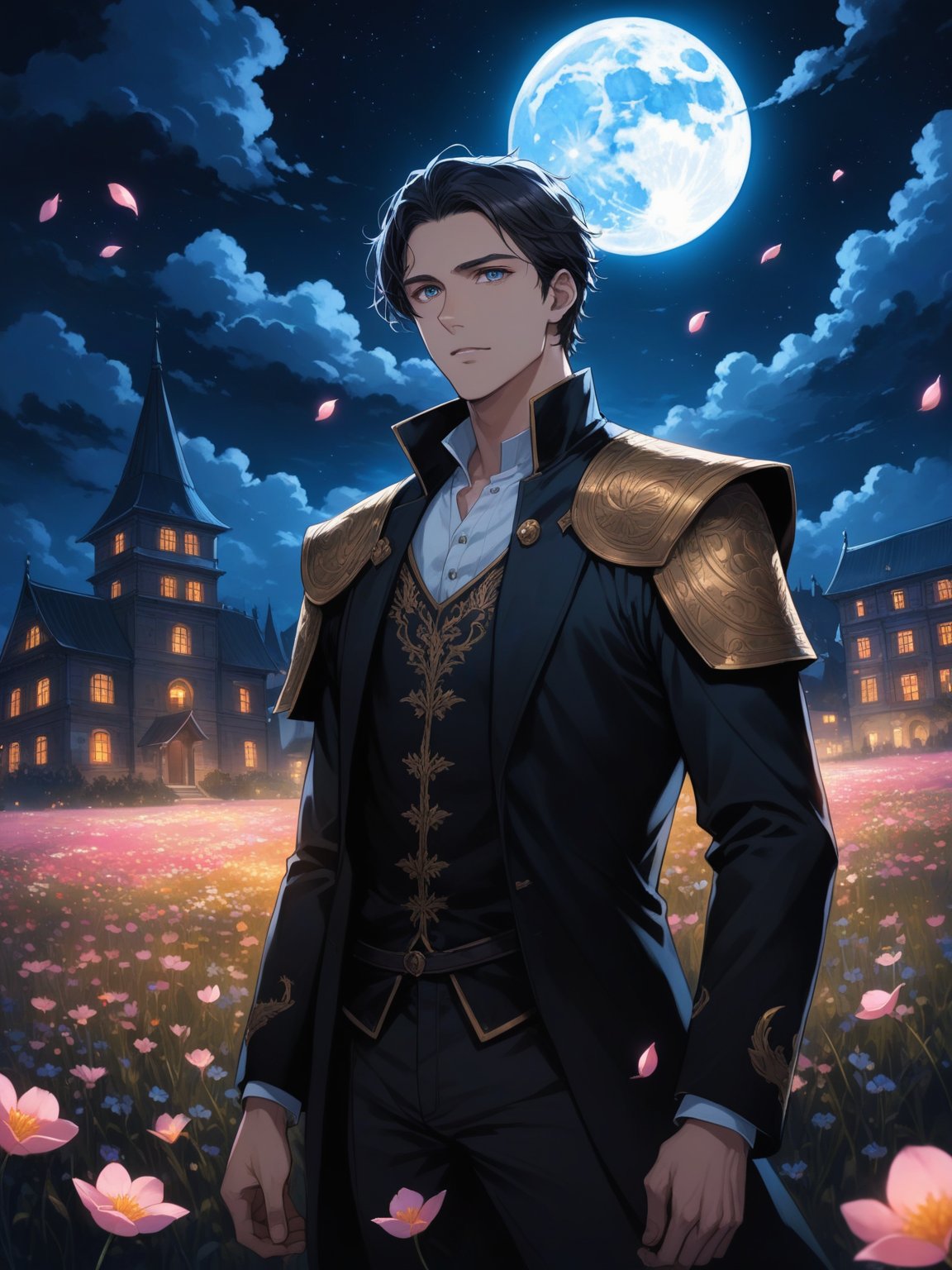 1boy, adult, handsome, broad shoulders, finely detailed eyes and detailed face, fantasy, night, dark theme, cinematic lighting, colorful, portrait, flying petal, Flowery meadow, cloudy sky, building, moon, light, dutch angle, cowboy shot