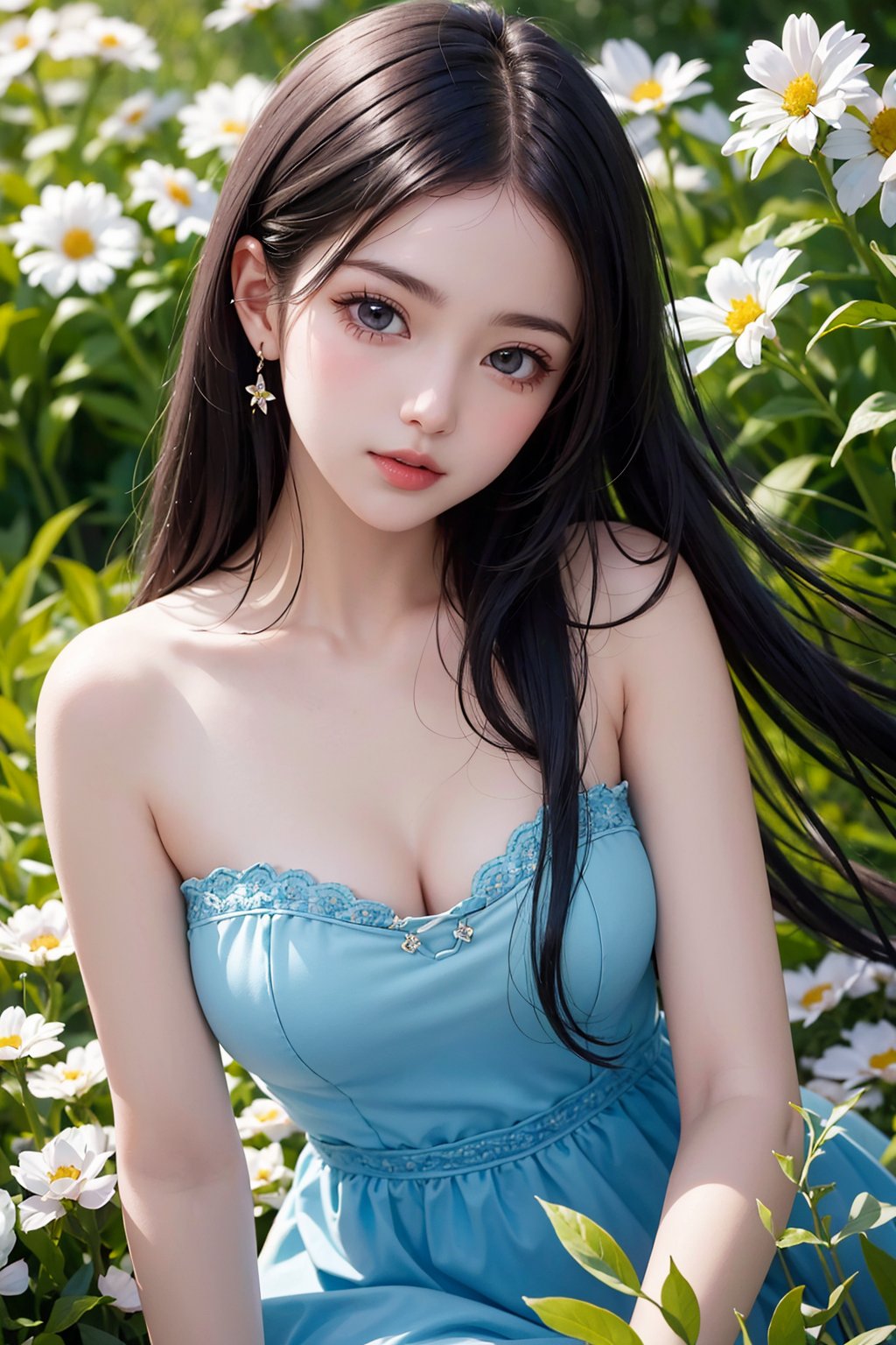 (masterpiece, best quality),8K,close up,1girl with long black hair sitting in a field of green plants and flowers,warm lighting,blue dress,