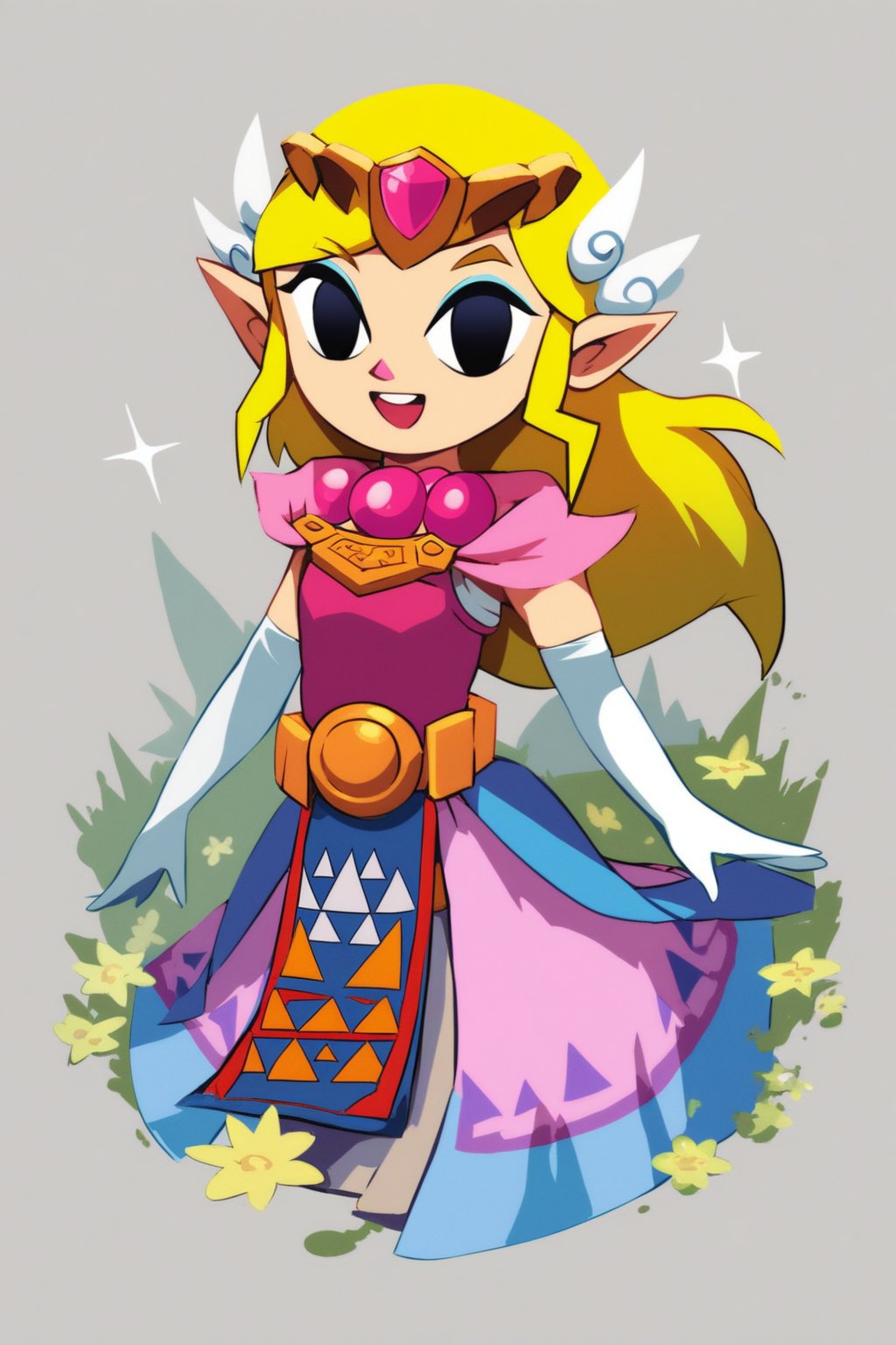 score_9, score_8_up, score_7_up, source_anime, best quality, (masterpiece),(ultra-detailed), (high quality), (high resolution),toon zelda, long hair, blonde hair, pointy ears, makeup, 1girl, solo, smile, open mouth, gloves, dress, jewelry, elbow gloves, belt, white gloves, necklace, black eyes, transparent background, parody, tiara, style parody, princess zelda<lora:EMS-304032-EMS:0.000000>, <lora:EMS-416114-EMS:1.000000>