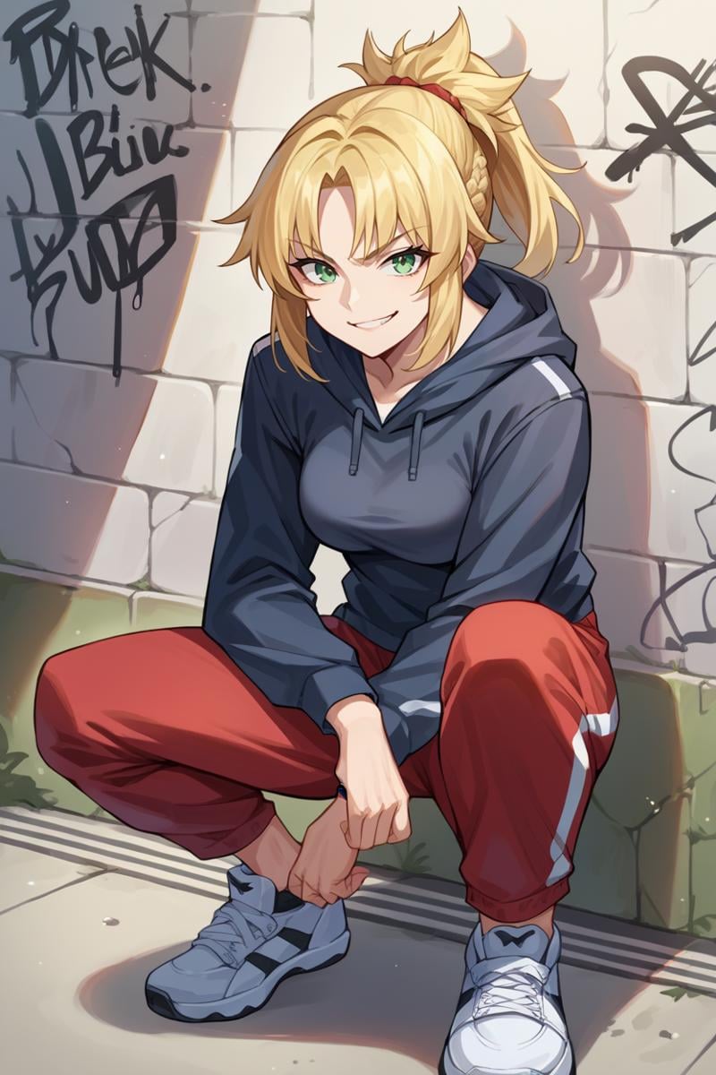 score_9, score_8_up, score_7_up, score_6_up, source_anime, BREAK 1girl, solo, <lora:mordred-pdxl-nvwls-v1-000005:1> 000009:0.9> casualMord, blonde hair, green eyes, ponytail, black hoodie, medium breasts, graffiti, wall, city, sneakers, squatting, track pants, red pants, smile, looking at you, smirk