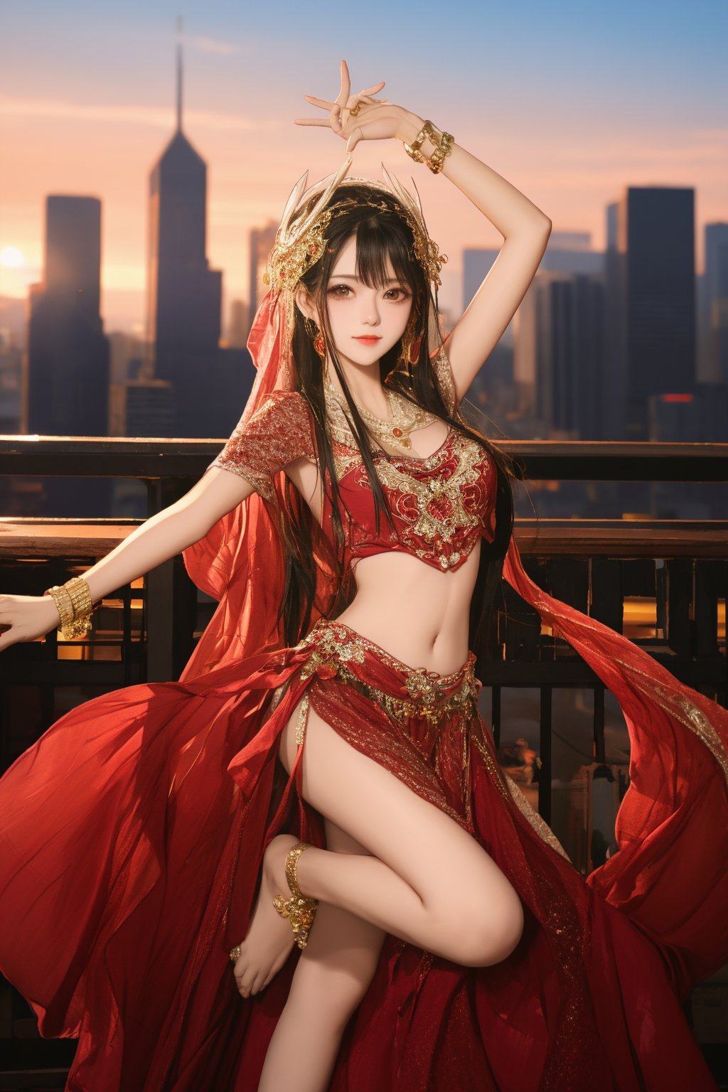 future0513,anklet,dancing,dress,Red dress,solo,<lora:future0513-honghanfu:0.8>,bare legs,headdress,navel,cityscape,