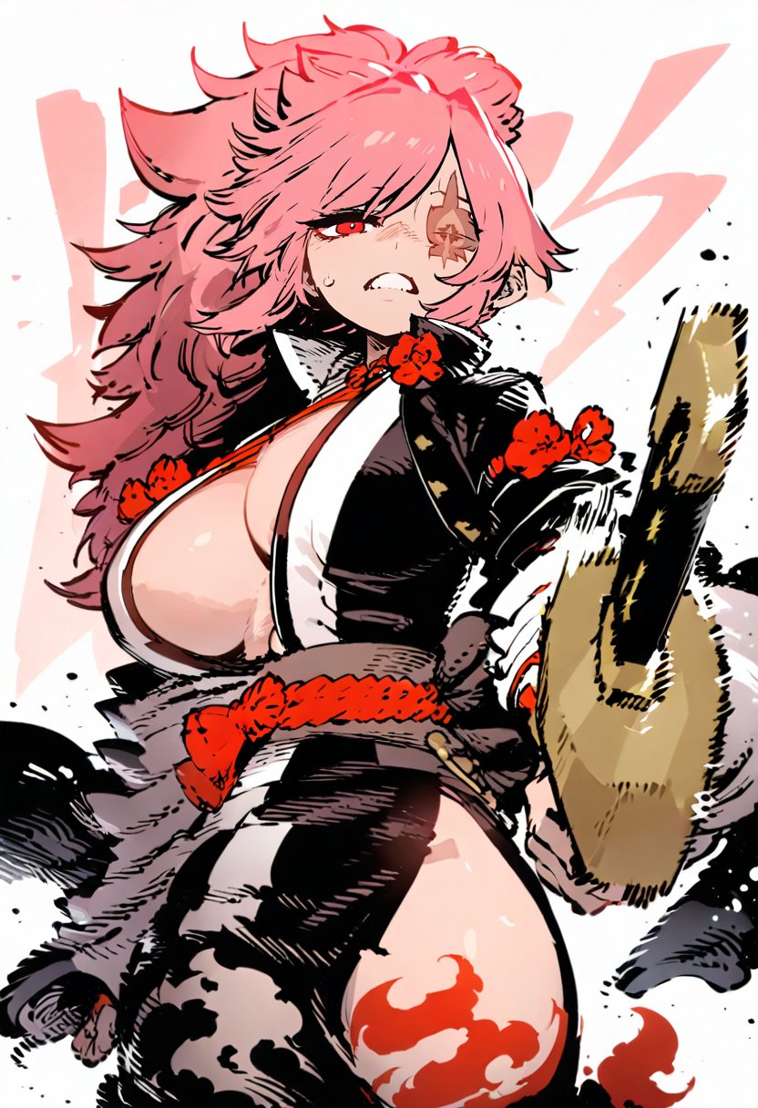 masterpiece, best quality,<lora:SSAMBAteaXL_ANI31_lokr_V53P1:0.95>  1girl, breasts, baiken, amputee, japanese clothes, large breasts, solo, weapon, sword, scar, pink hair, scar across eye, scar on face, long hair, ponytail, kimono, cleavage, big hair, open clothes, multicolored kimono, katana, white background, jacket, black jacket, sash, tattoo, red eyes, facial tattoo, open kimono, black kimono, one-eyed