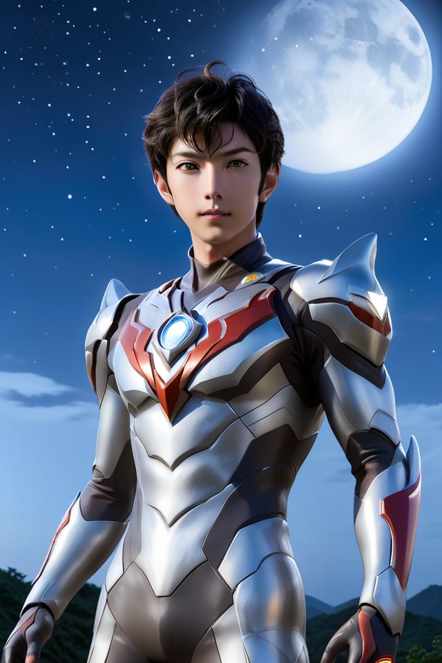 moonlight,ultraman,skyline,1boy,huanman,starry sky,<lora:Ultraman-000008 (1):0.3>,delicate features,upper body,looking at viewer,