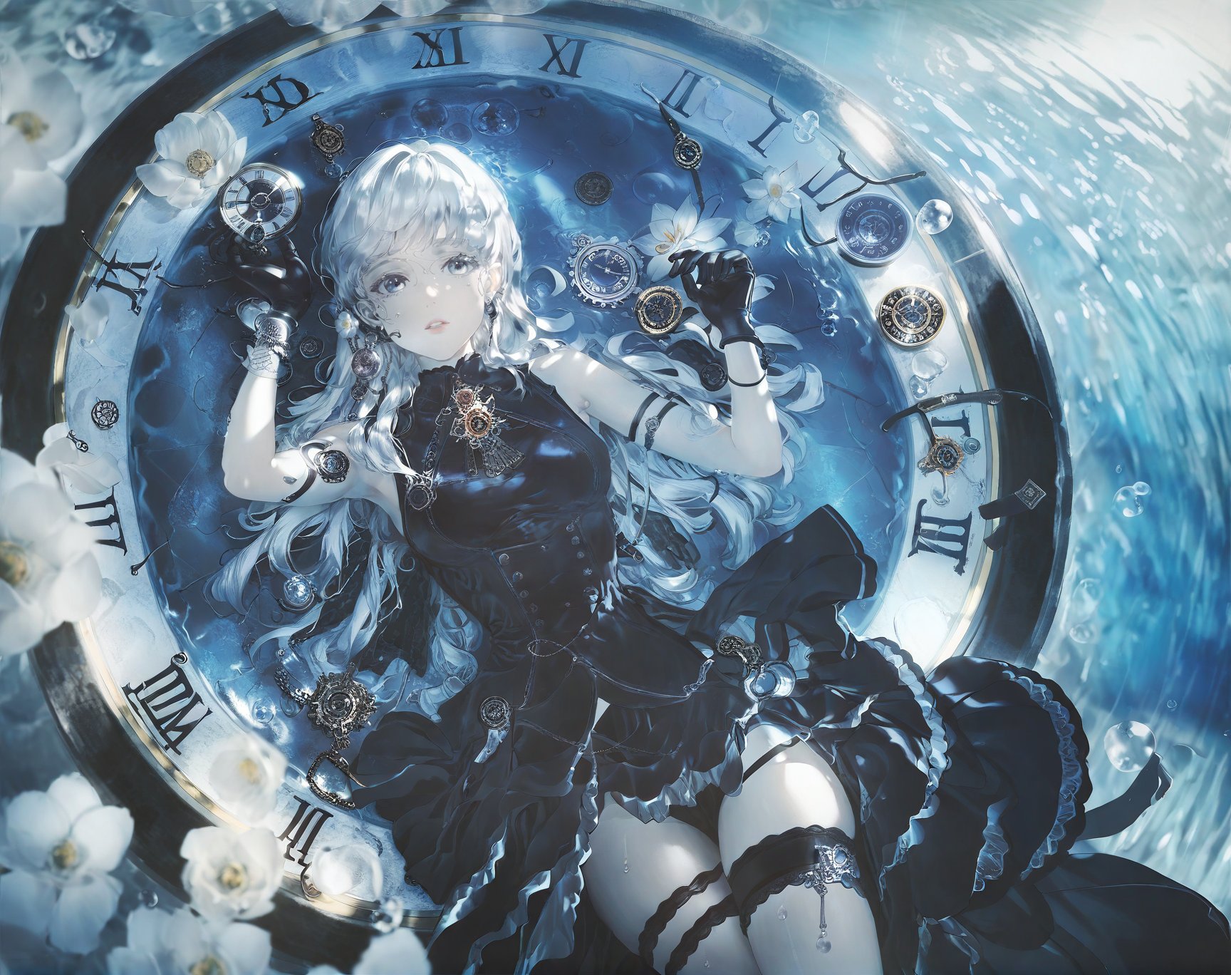 detailed, aesthetic, beautiful, beautiful color, amazing quality, best quality, 1girl, dress, solo, long hair, clock, black dress, flower, arm up, gloves, white hair, bangs, rain, grey eyes, black gloves, lying, looking at viewer, sleeveless, blue eyes, blurry, roman numeral, on back, sleeveless dress, thigh strap, armpits, white flower, parted lips, water, watch, pocket watch, <lora:miv4t:1>