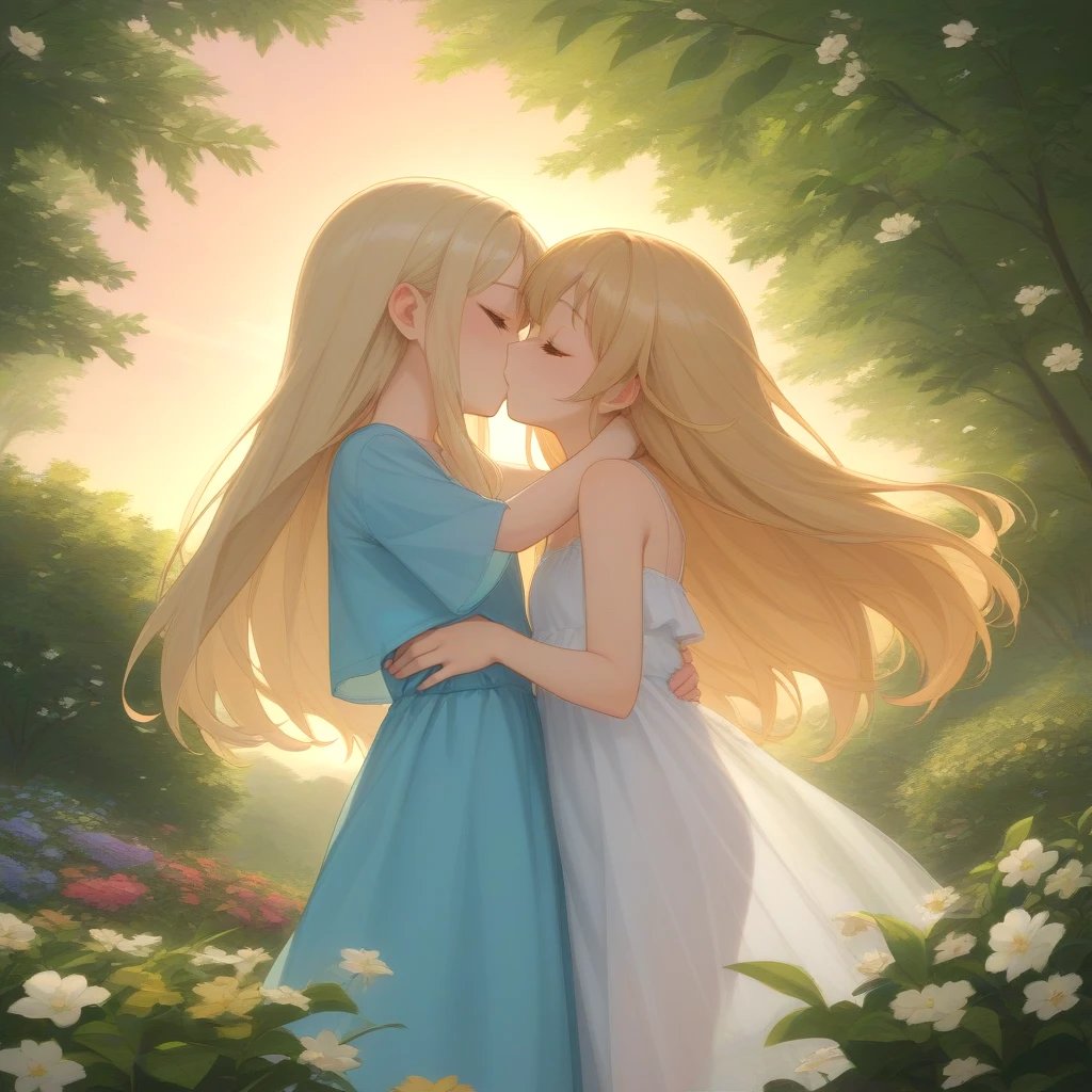 score_9, score_8_up, score_8, small breasts, thin arms, thin legs, cute, eyelashes, 2girls, cute, long hair, blonde hair, flowers, garden, pale skin, blushed face, summer dress, flat chest, hugging, kissing, grabbing breast, white gazebo, sunset, see-through dress, bottom view, blue bow, strong wind, dynamic