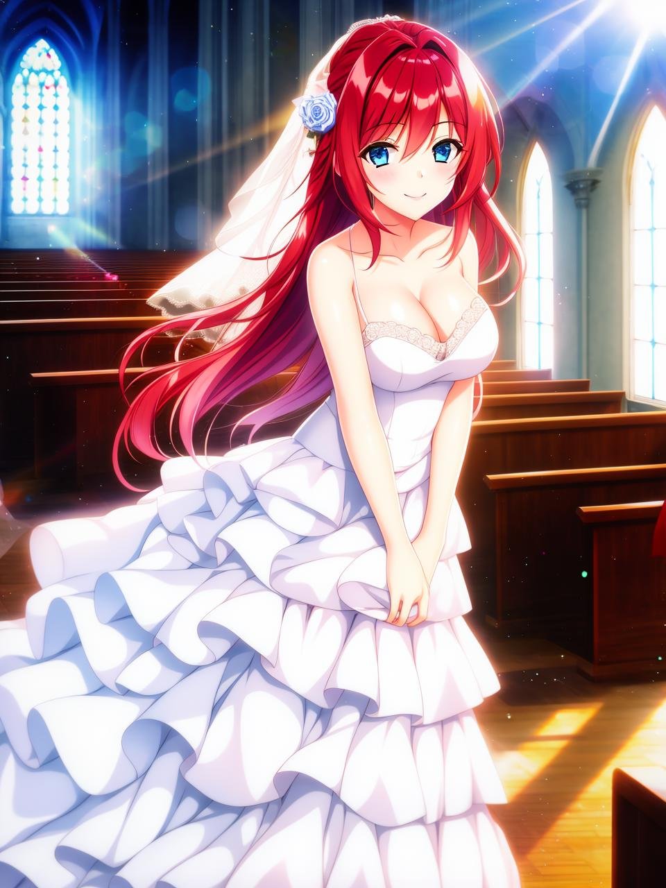 1girl, solo, long_hair, looking_at_viewer, smile, cleavage, medium_breasts, blue_eyes, red_hair, wedding, wedding_dress, church, indoor, hdr light, masterpiece, hdr, lens flare