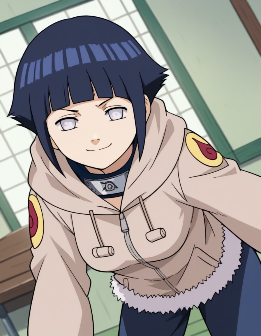 score_9, score_8_up, score_7_up, source_anime, <lora:hinata-hyuga-s1-ponyxl-lora-nochekaiser:1>, hinata hyuga, short hair, white eyes, bangs, blunt bangs, medium breasts,, long sleeves, pants, hood, konohagakure symbol, fur trim, jacket,, indoors, bent over, smile, smug, looking at viewer, solo,, cowboy shot, dutch angle